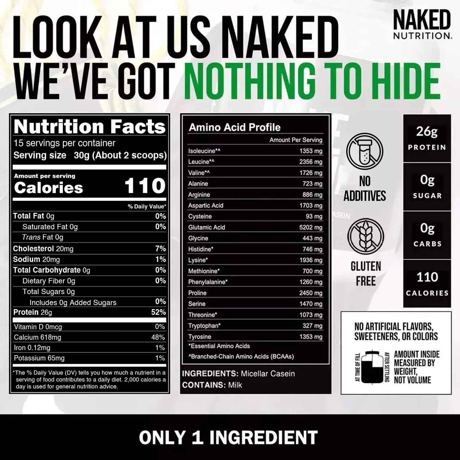 NAKED Casein - 1Lb Micellar Casein Protein - Bulk, Zero Carb, NSF Certified, GMO-Free, Gluten Free, Soy Free, Preservative Free - Stimulate Muscle Growth NAKED uk supplements