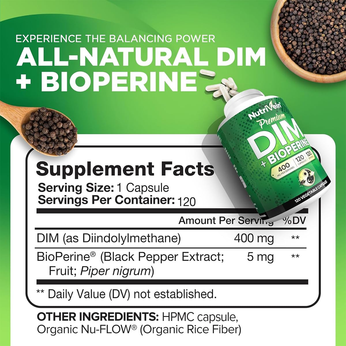 Nutrivein Premium DIM Supplement 400 mg Daily - 120 Servings (120 Capsules): Diindolylmethane for Women and Men - Plus Bioperine - Estrogen Supplement - Menopause and Middle Age Support Nutrivein uk supplements