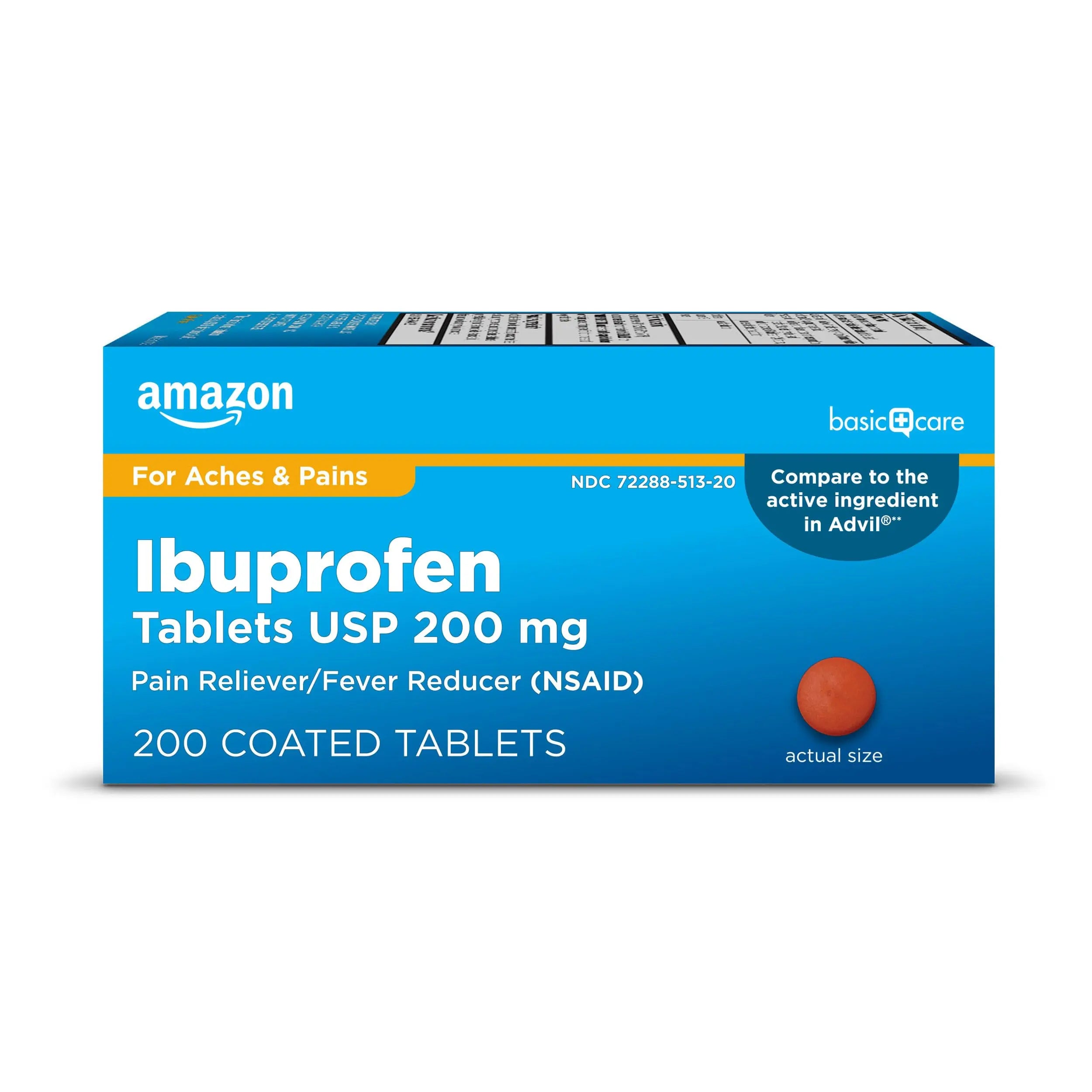 Amazon Basic Care Ibuprofen Tablets, Fever Reducer and Pain Relief from Body Aches, Headache, Arthritis Pain and More, Brown 200 Count Amazon Basic Care uk supplements