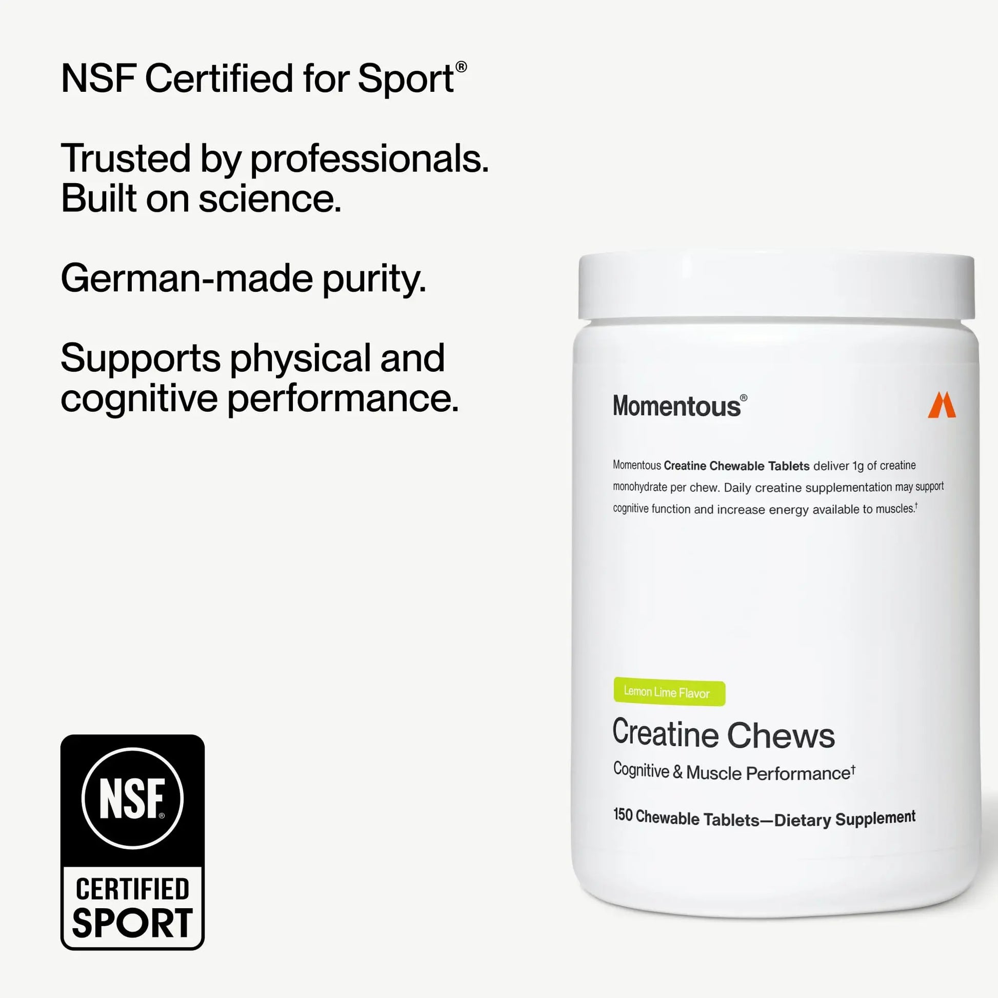 Momentous Creatine Chews - Creatine Monohydrate - Supports Strength, Lean Muscle, & Recovery for Men & Women - NSF Certified for Sport - 150 Chewable Tablets - Lemon Lime Momentous uk supplements