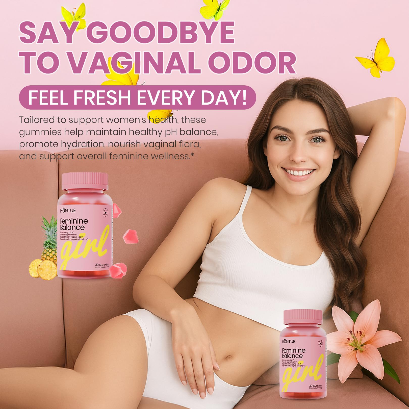 Montue Premium Diamond Feminine Balance Gummies-pH Balance with Prebiotics & Lactobacillus Probiotic Blend&Hawaiian Pineapple Immune Support,Vegan& Non-GMO（30 Gummies） Montue uk supplements