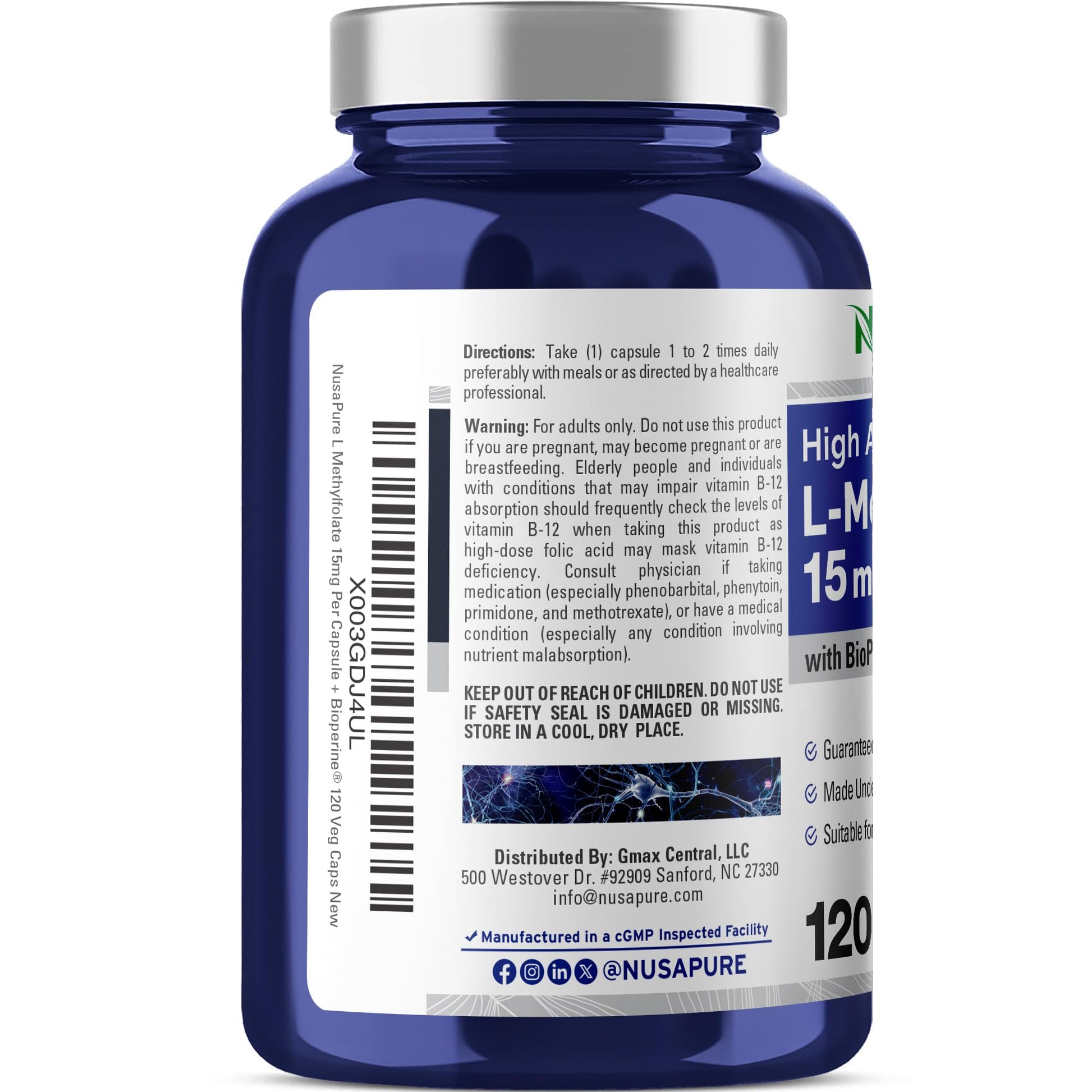 NusaPure L Methylfolate 15mg, 120 Veggie Capsules, Bioperine & Vegan NusaPure uk supplements