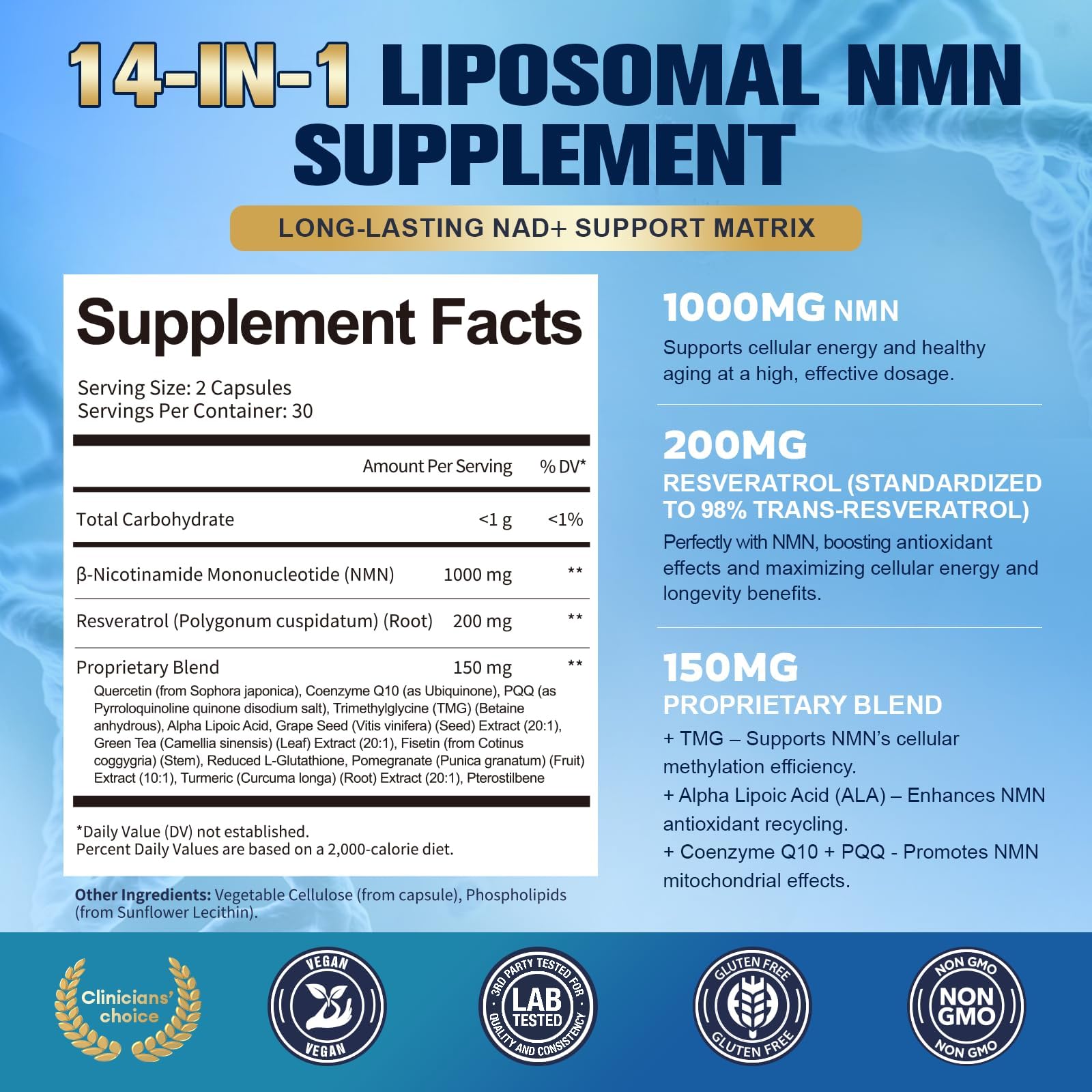 Totaria Liposomal NMN Supplement 1000mg, 14-in-1 NMN Resveratrol Complex with CoQ10, TMG, Quercetin, ALA, PQQ, Support NAD Levels, Cellular Energy & Healthy Aging, 60 Capsules, cGMP, Filler Free Totaria uk supplements