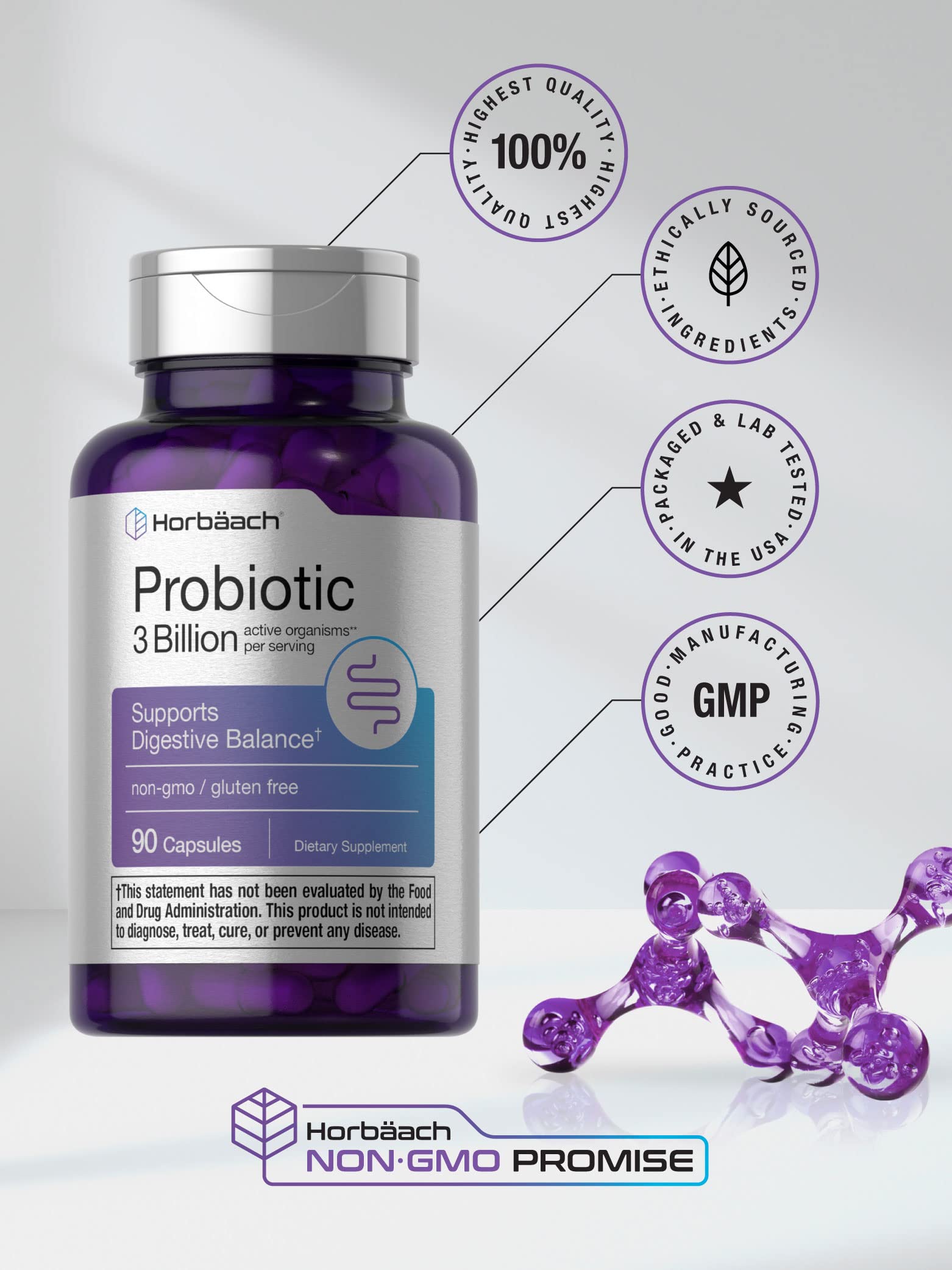 Probiotic for Women & Men's Digestive Health | 3 Billion CFU | 90 Capsules | Non-GMO Horbäach uk supplements