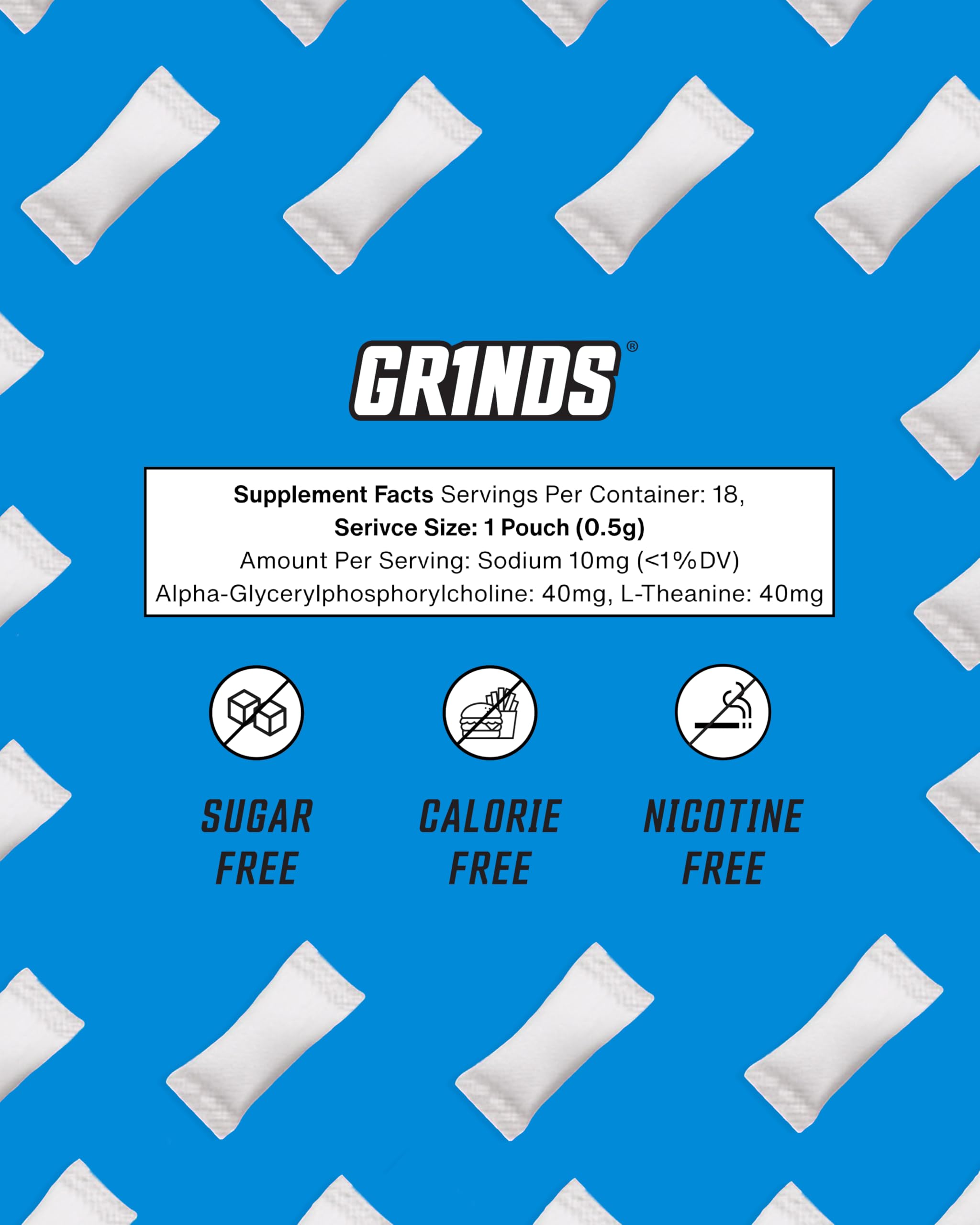 GRINDS Focus Pouches - Naturally Flavored with Nootropic Ingredients - Contains Alpha GPC and L-Theanine - Nicotine-Free, Sugar-Free - 3 Pack, 18 Pouches Per Can - Blue Raspberry GRINDS uk supplements