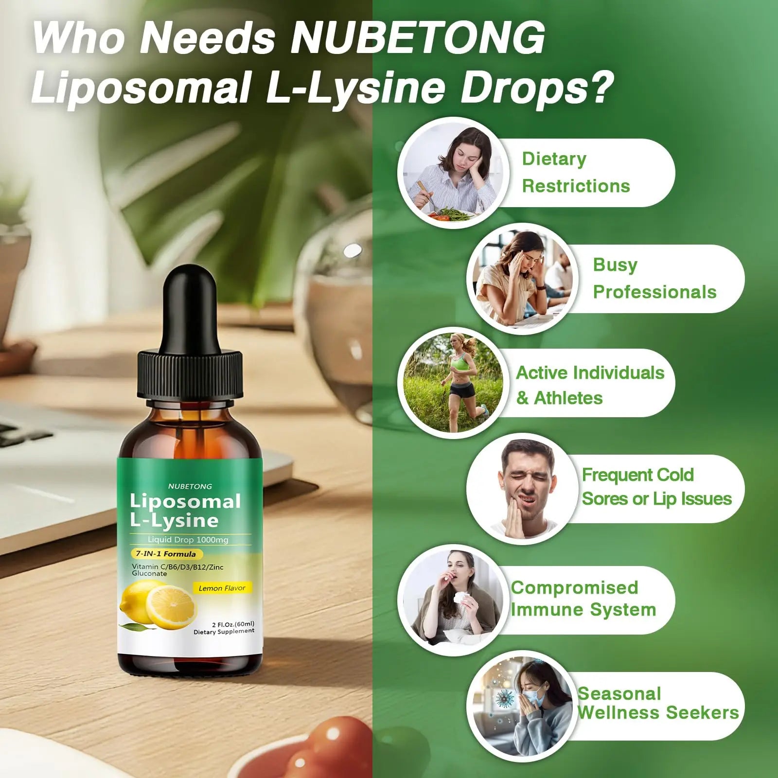 Liposomal L-Lysine 1000mg Liquid Drops, 7-in-1 Lysine Supplement for Adults with Vitamin C/B6/D3/B12 & Zinc Gluconate, Immune Support, Collagen Synthesis & Skin Lip Health, Lemon Flavor, 2 Fl Oz Nubetong uk supplements