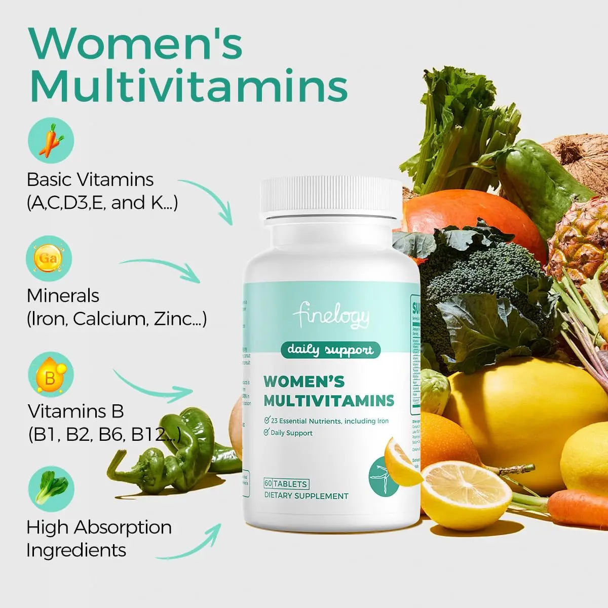 finelogy Womens Multivitamin - Essential Nutrients with Iron, Vitamins A, C, D3, K, B6 and B12 Supplements for Women’s Health, Energy Hair Skin & Nails finelogy uk supplements