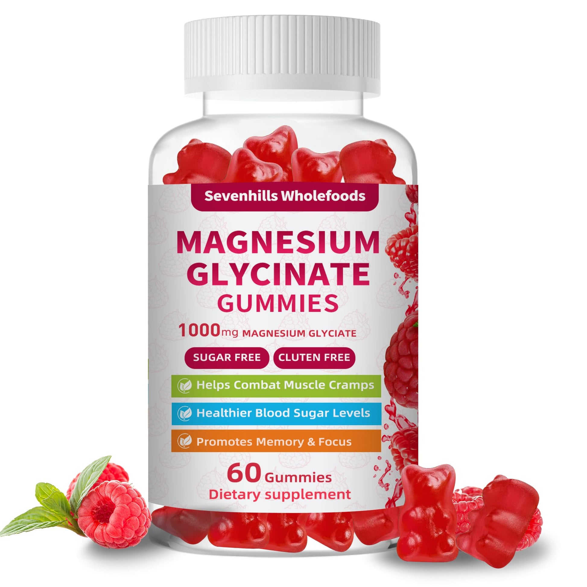Magnesium Glycinate Gummies 1000mg - Sugar Free Magnesium Potassium Supplement for Relaxation, Calm, Stress Relief, and Sleep Support for Adults & Kids - 60 Raspberry Gummies Sevenhills Wholefoods uk supplements
