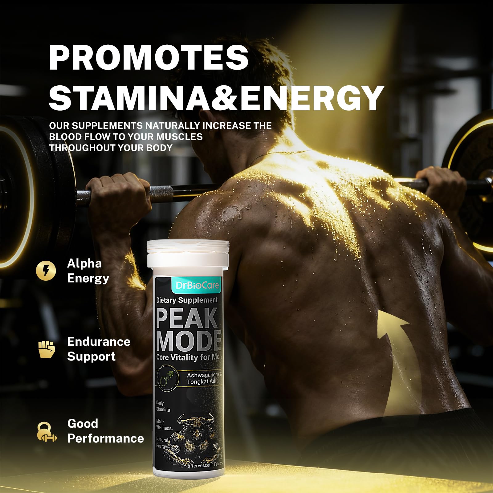 DrBioCare Peak Mode Core Vitality for Men 7-in-1 Effervescent Tablets | Tongkat Ali, Maca & L-Arginine，Ashwagandha, | Boost Stamina, Drive & Blood Flow for Good Performance | Berry Flavor 12 Tablets DrBioCare uk supplements
