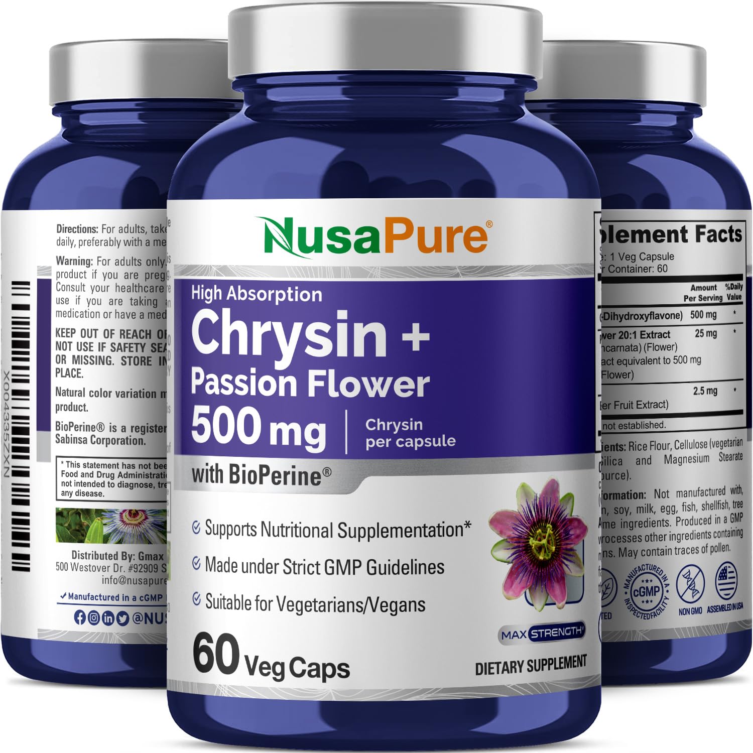 NusaPure Chrysin 500mg, 60 Veggie Capsules | Passion Flower Complex 500mg Supplement | 5, 7-Dihydroxyflavone | Concentrated Extract | Non-GMO, BioPerine & Vegan NusaPure uk supplements