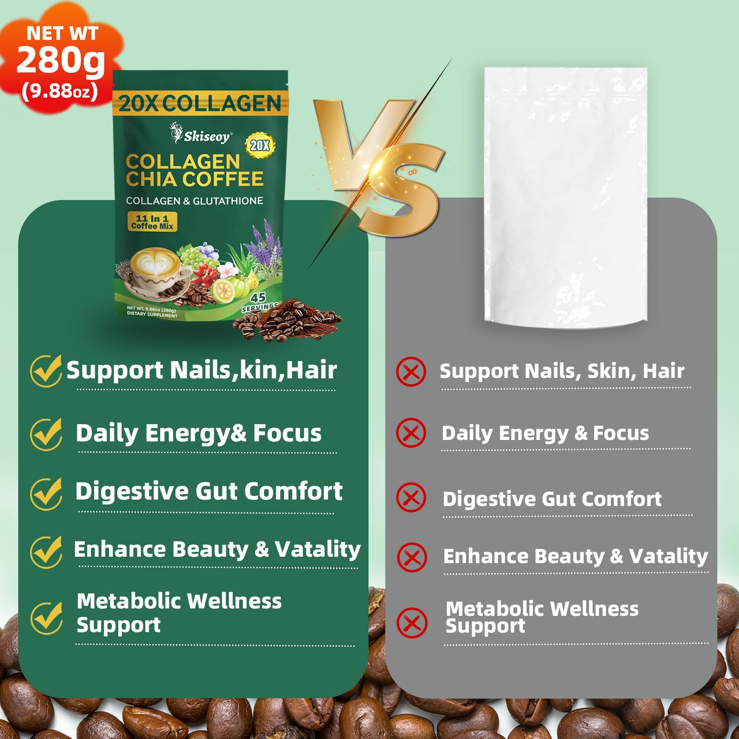 Skiseoy 20x Collagen Chia Coffee - 11-in-1 Coffee Shape Mix with L-Glutathione for Skin, Hair, Joints - Boost Energy and Focus, Vegan Friendly, 45 Servings Skiseoy uk supplements