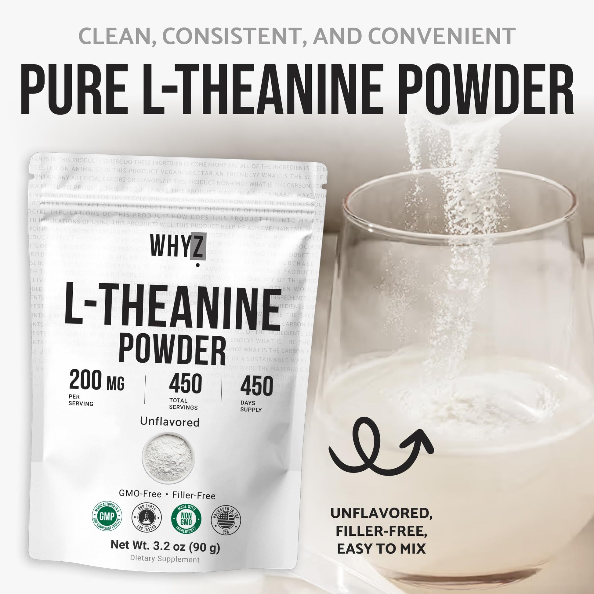 Pure L-Theanine Powder Unflavored Amino Acid Supplement Powder from Fine L-Theanine for Smooth Mixing Vegan Friendly Non-GMO No-Additives for Smoothies Drinks and Daily Nutrition Support, 3.2 oz (90g) WHYZ uk supplements