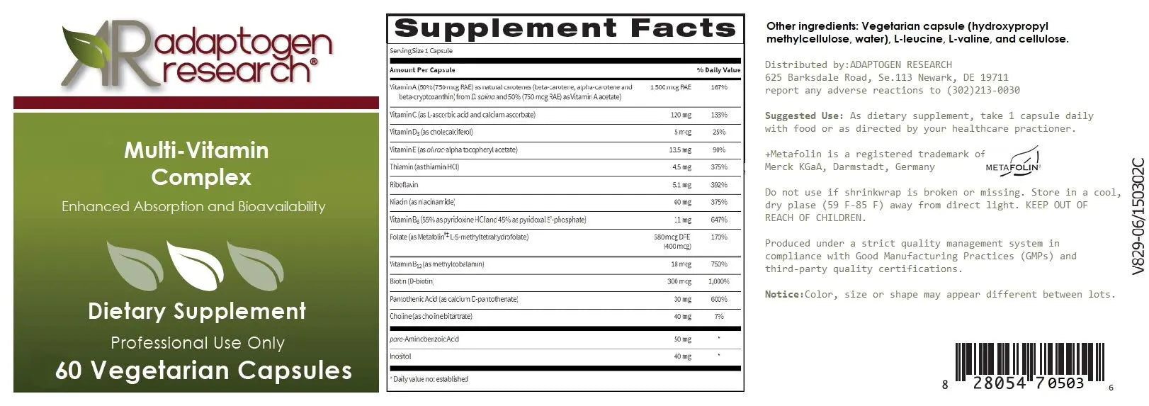 Multi-Vitamin Complex | Once Daily Multivitamin Supplement with Folate as Metafolin L-5-MTHF B12 as Methylcobalamin Vitamin A C D3 and more Adaptogen Research uk supplements