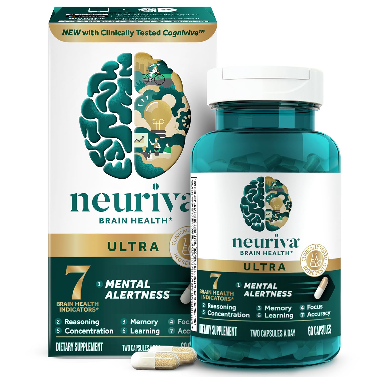 NEURIVA Ultra Decaffeinated Clinically Tested Nootropic Brain Supplement for Mental Alertness, Memory, Focus & Concentration, Cognivive, Neurofactor, Phosphatidylserine, Vitamins B6 B12, 60 Capsules NEURIVA uk supplements