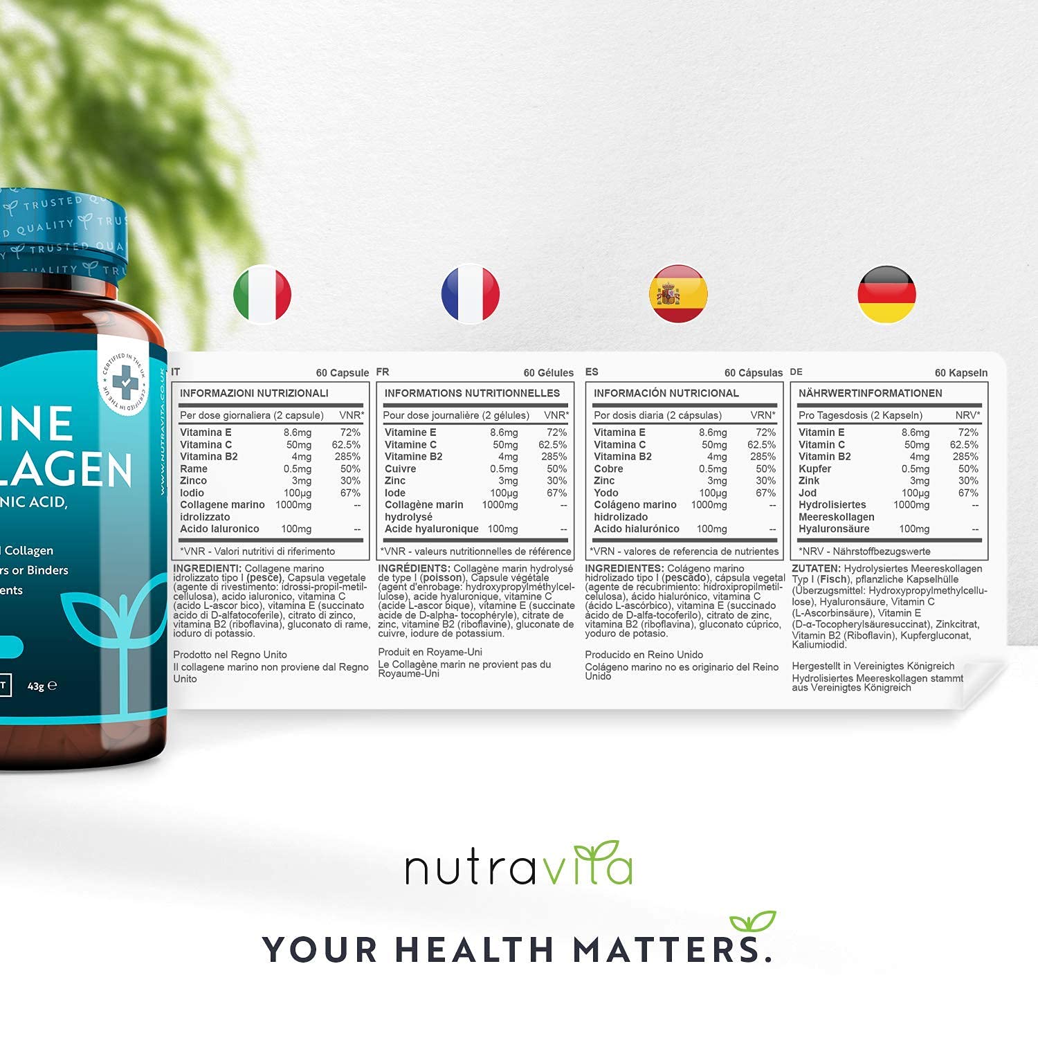 Marine Collagen 1000mg - 60 Capsules of Superior Type 1 Hydrolysed Collagen Nutravita uk supplements