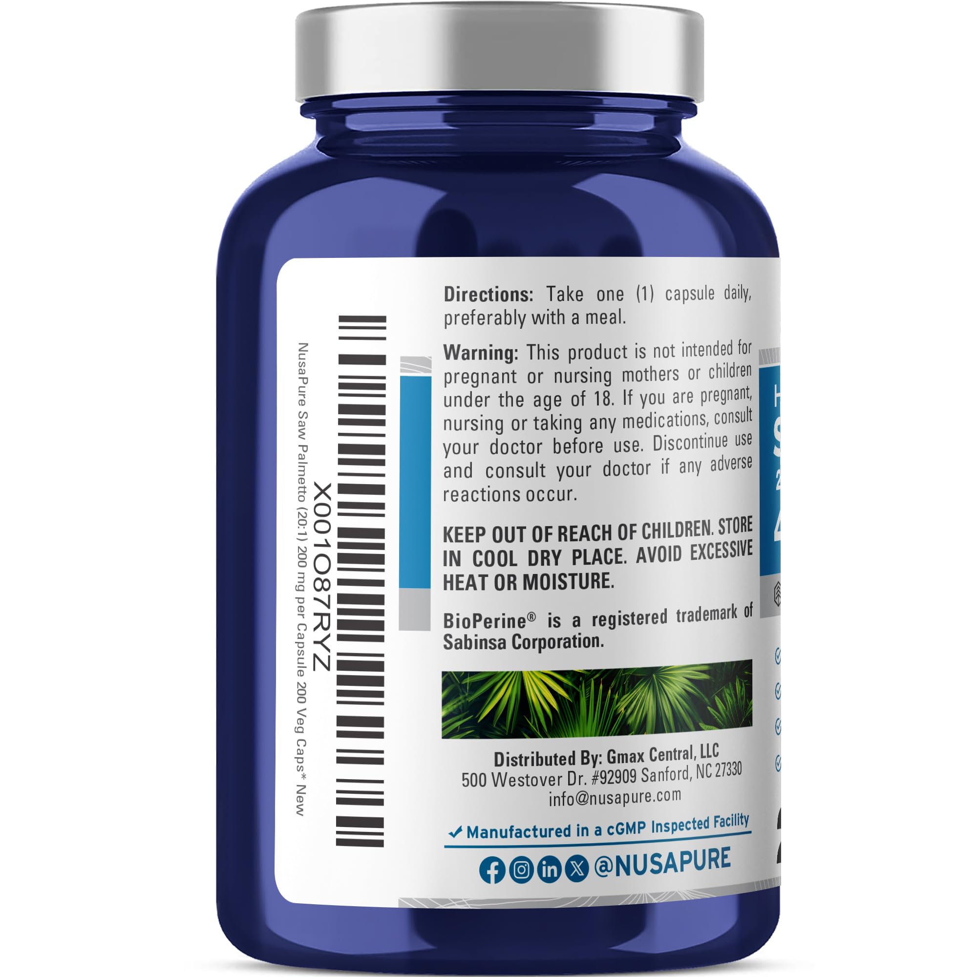 NusaPure Saw Palmetto 20:1 Extract, 200 mg Equivalent to 4,000 mg per Veggie Caps 200 Count Non-GMO, Vegan, Vegetarian, Bioperine NusaPure uk supplements