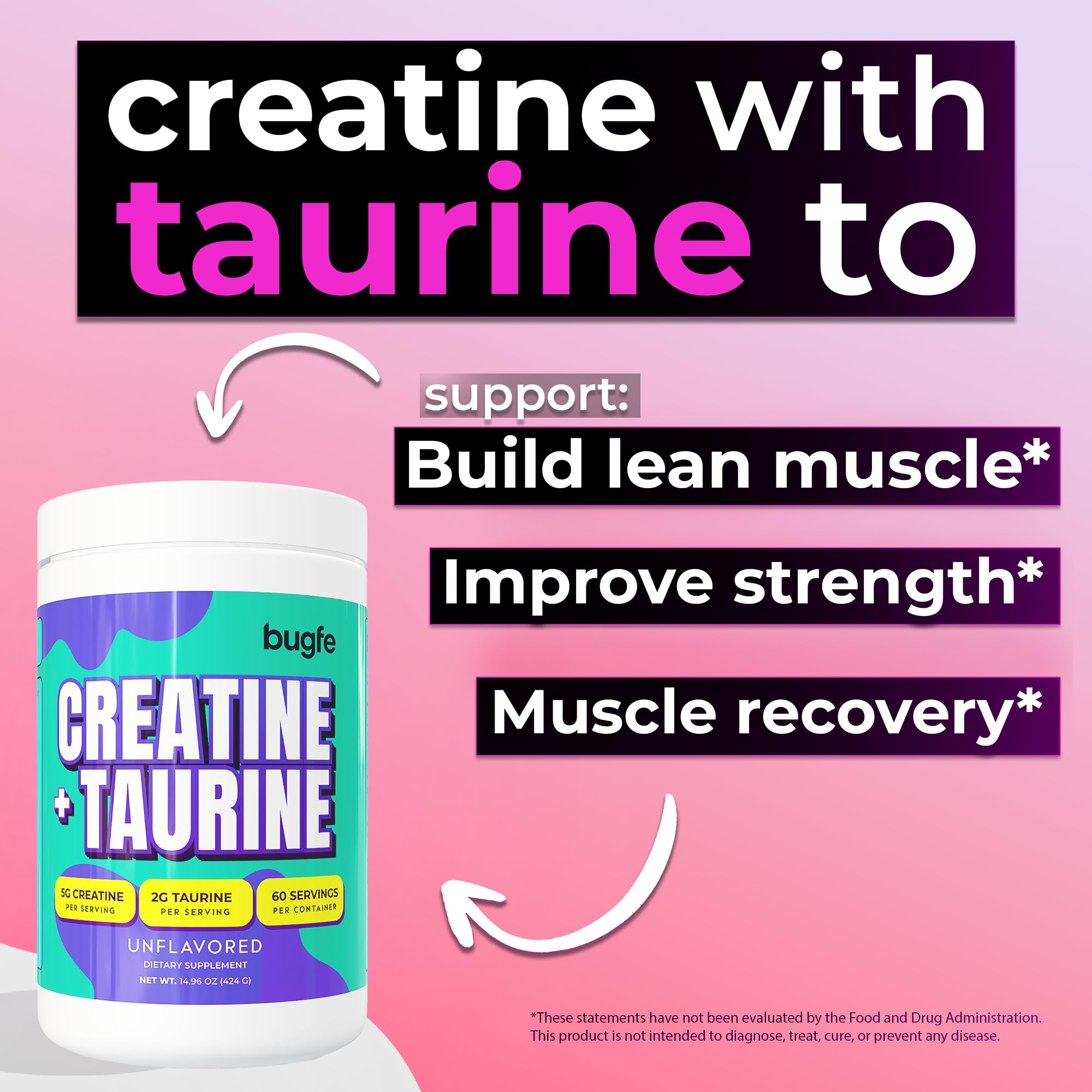 Creatine with Taurine for Women & Men - Unflavored Micronized Creatine Monohydrate Plus Taurine Powder to Support Muscle Strength, Recovery & Brain Health (60 Servings) Bugfe uk supplements