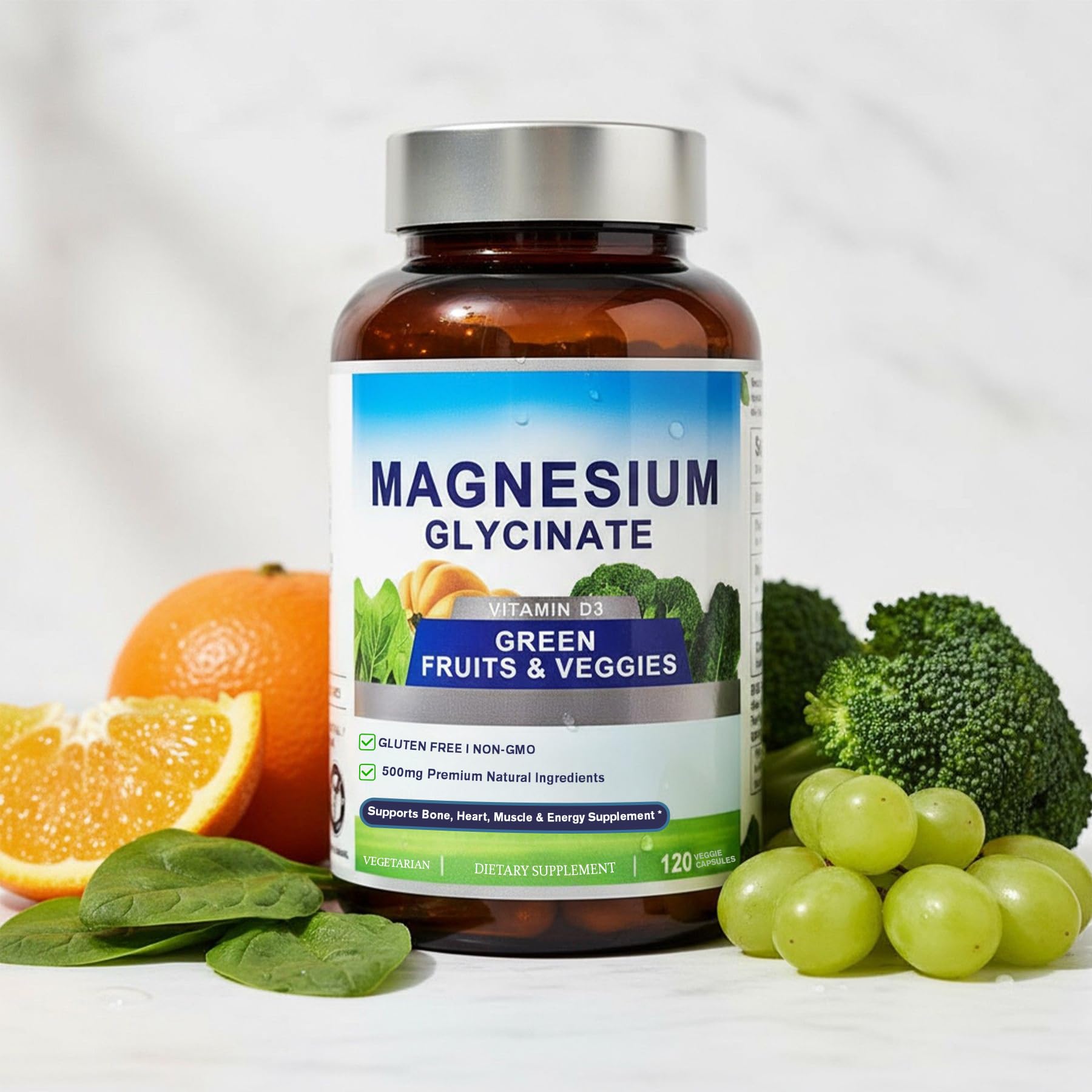 Magnesium Glycinate 500mg with Vitamin D3 – High Absorption Magnesium Supplement with Veggies Design – Supports Bone & Muscle Function and Energy – Non-GMO, Gluten-Free – 120 Veg Capsules FrexNutri uk supplements