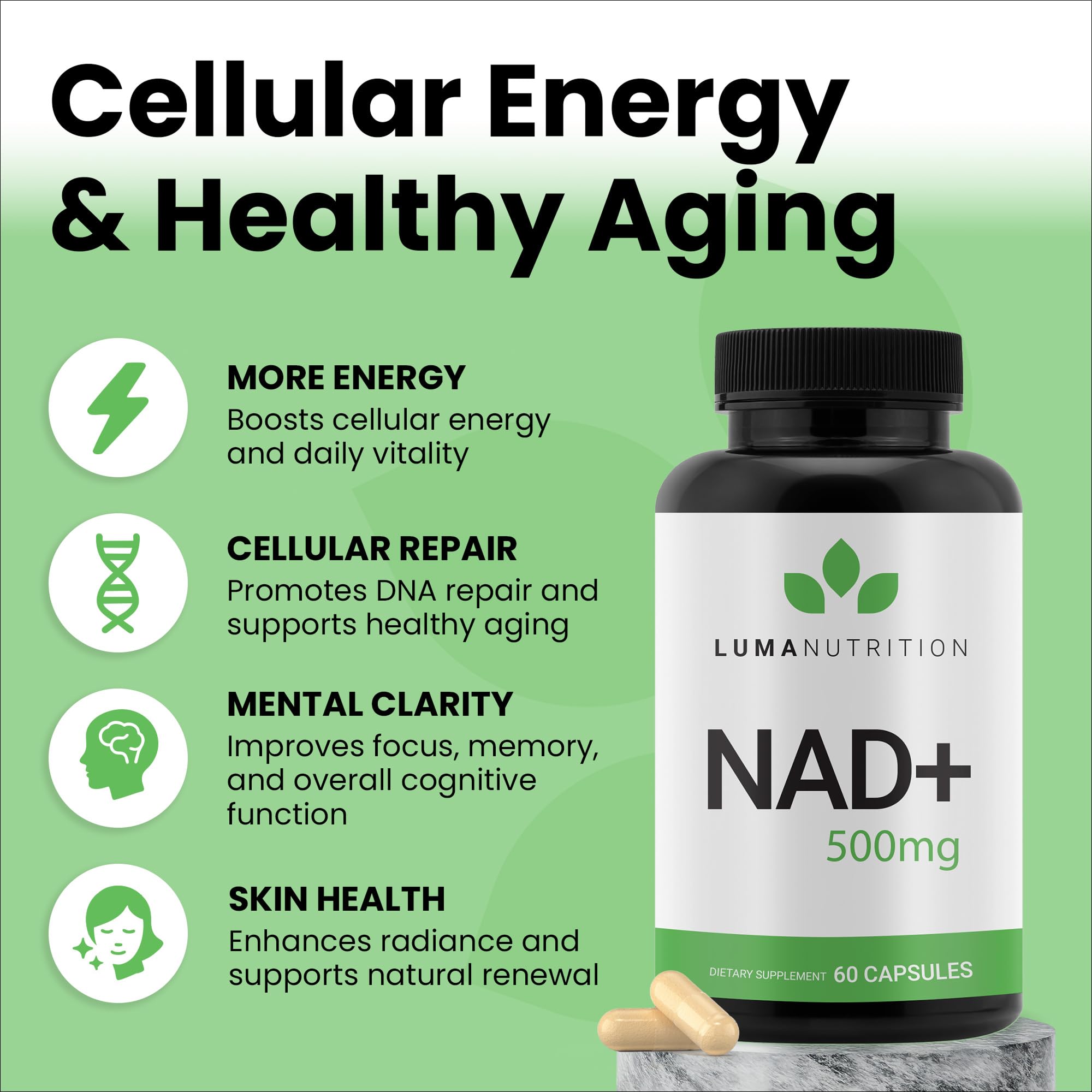 Luma Nutrition NAD+ Supplement 1000mg (500mg per Capsule) – Aging Plus Energy, Metabolism & Cellular Support – Pure NAD Supplements for Women & Men, Made in USA Luma Nutrition uk supplements