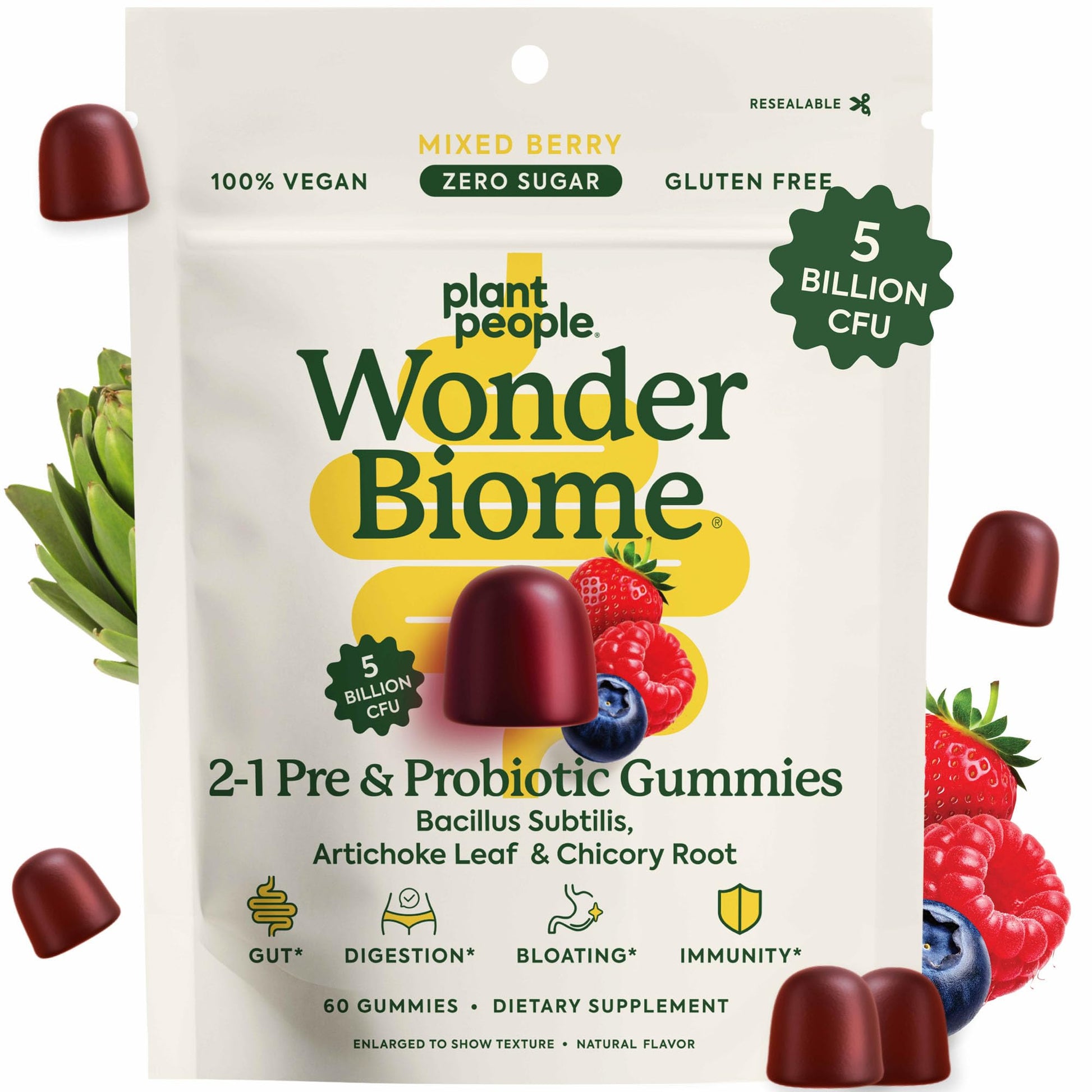 Plant People WonderBiome 2-in-1 Prebiotic + Probiotic Gummies – Zero-Sugar Vegan Digestive Health & Bloating Relief – 5 Billion CFU Bacillus Subtilis DE111 + Artichoke & Chicory – 60 Count Plant People uk supplements
