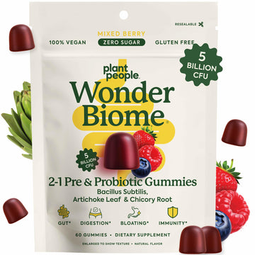 Plant People WonderBiome 2-in-1 Prebiotic + Probiotic Gummies – Zero-Sugar Vegan Digestive Health & Bloating Relief – 5 Billion CFU Bacillus Subtilis DE111 + Artichoke & Chicory – 60 Count Plant People uk supplements