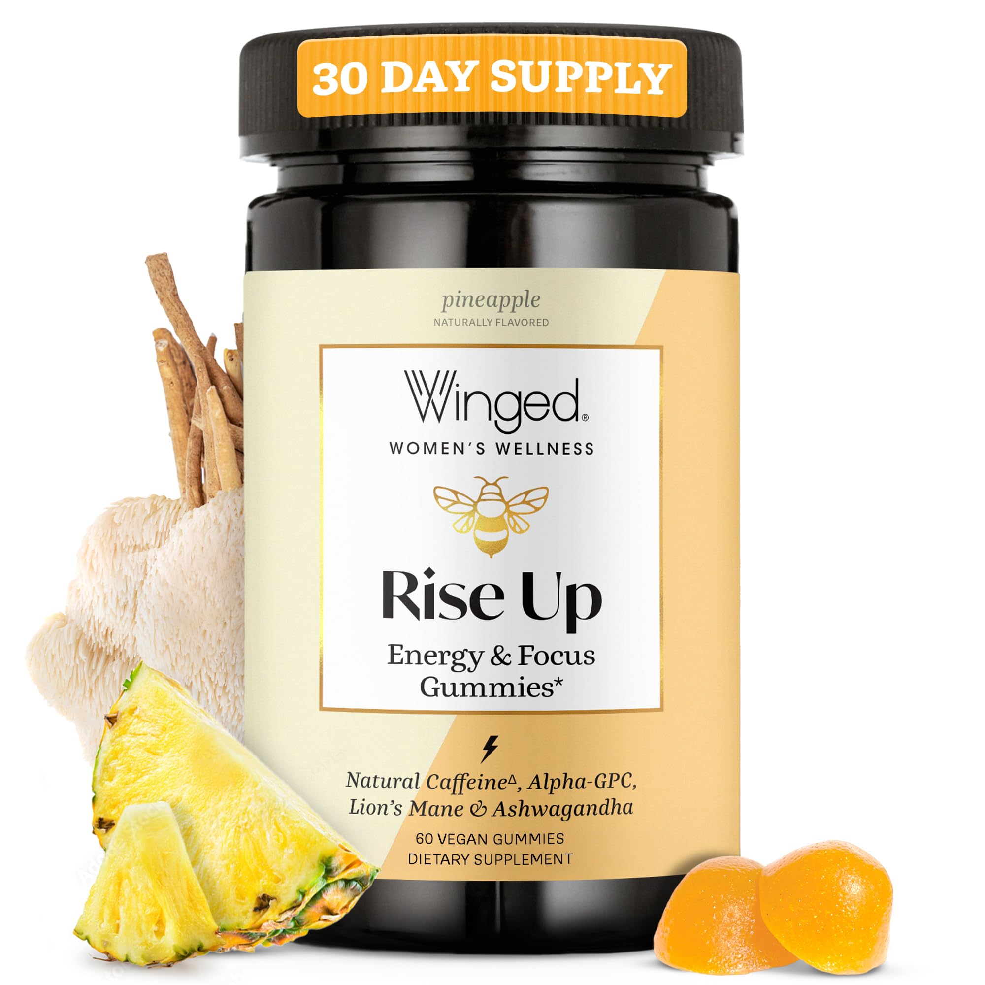 Winged Wellness Rise Up, Energy & Focus Gummies for Women - Daily Brain Boost Gummy Supplement with Natural Caffeine, Ashwagandha, B12, Nootropics Alpha-GPC & Lion’s Mane - Pineapple, 60 Gummies Winged Wellness uk supplements