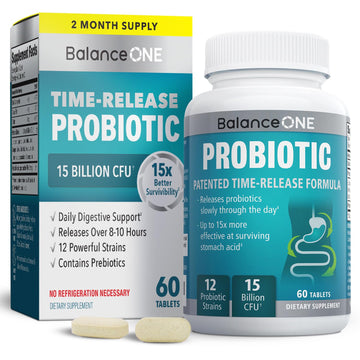 Balance ONE Time Release Probiotic – 15 Billion CFU – 12 Strains Including L. Plantarum – 15x More Survival Than Capsules – Bloating & Gas Relief – Gut & Digestive Health for Women & Men – 60 Tablets Balance ONE uk supplements