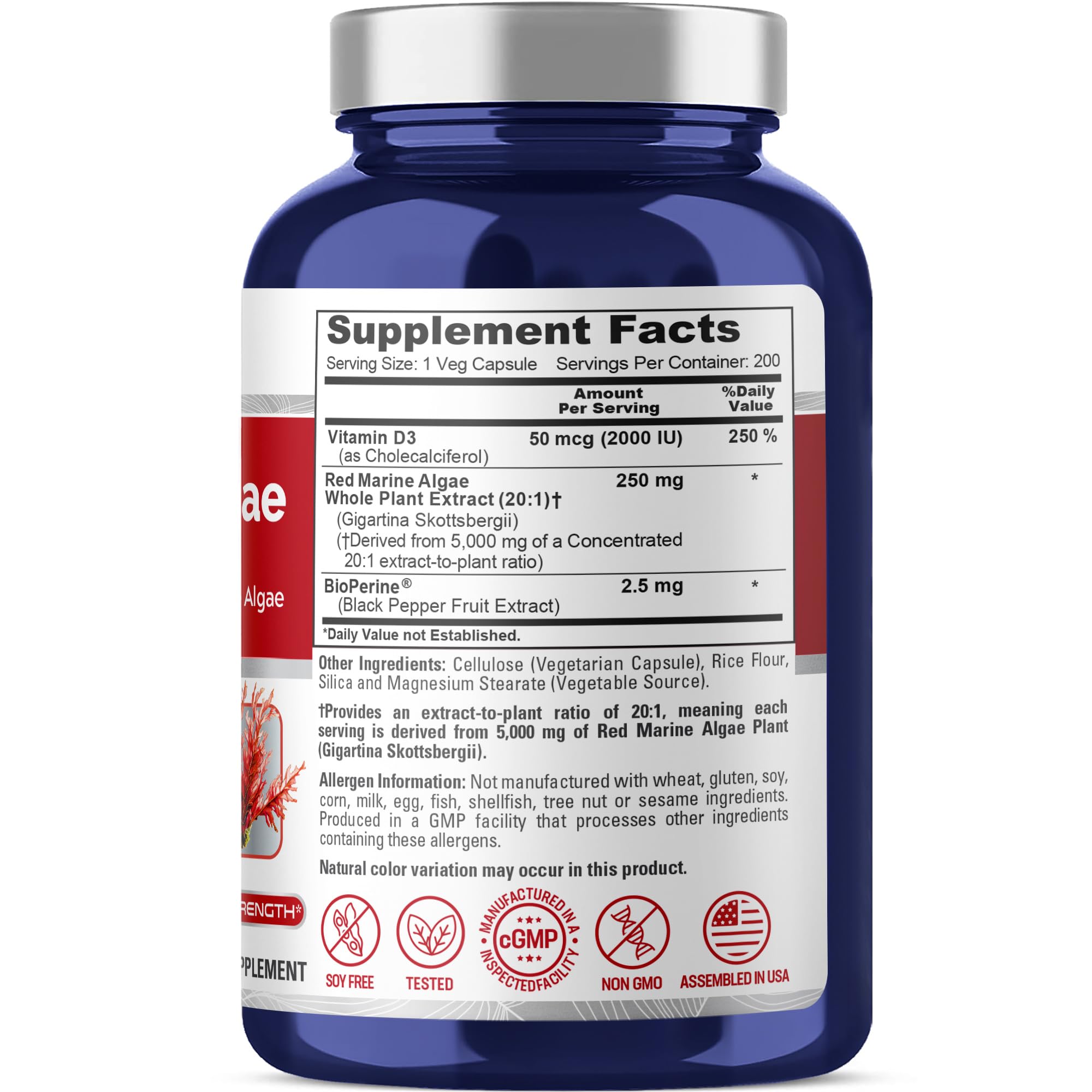 NusaPure Red Marine Algae 20:1 Extract, 250 mg Equivalent to 5,000 mg 200 Veggie Capsules (Non-GMO & Soy Free) Bioperine NusaPure uk supplements