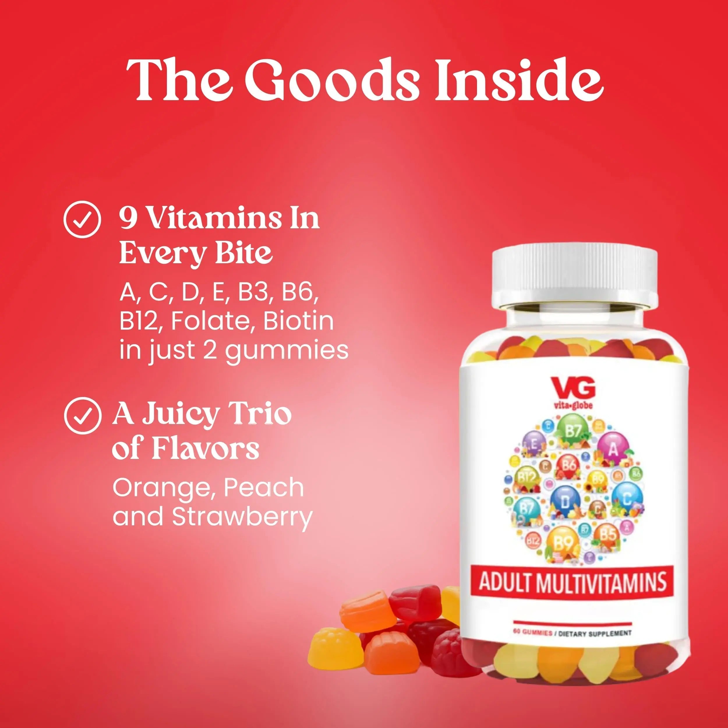VITA GLOBE Adult Multivitamin Gummies – 9 Daily Vitamins with C, D, E, B6, B12, Folate & Biotin | Delicious Juicy Trio Orange VITA GLOBE uk supplements