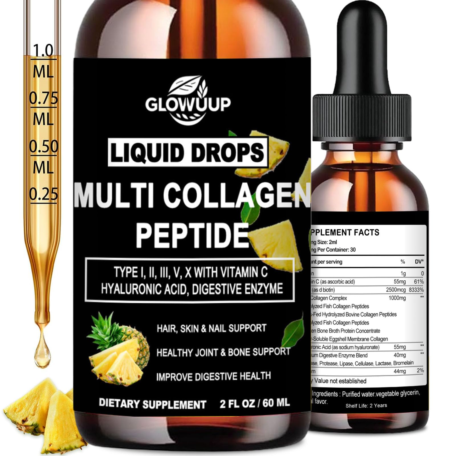 Multi Collagen Peptides Liquid Drops for Women & Men-Type I, II, III, V, X丨Hydrolyzed Collagen Peptides, Collagen Proteins W. Hyaluronic Acid, Biotin & Vitamin C for Hair Skin & Joint Gut Health GLOVVUUP uk supplements