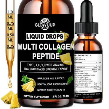 Multi Collagen Peptides Liquid Drops for Women & Men-Type I, II, III, V, X丨Hydrolyzed Collagen Peptides, Collagen Proteins W. Hyaluronic Acid, Biotin & Vitamin C for Hair Skin & Joint Gut Health GLOVVUUP uk supplements