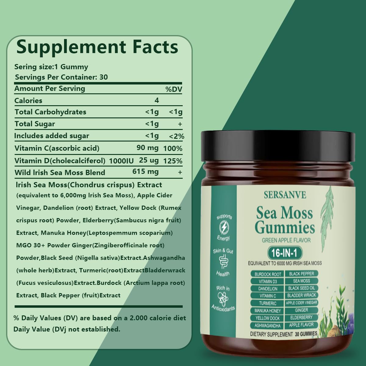Sea Moss Gummies 16-in-1, with Black Seed Oil, Ashwagandha & Elderberry | Organic Irish Sea Moss Supplement for Men & Women | Daily Support with Manuka, Burdock Root & Vitamins C & D3, 30 Gummies SERSANVE uk supplements