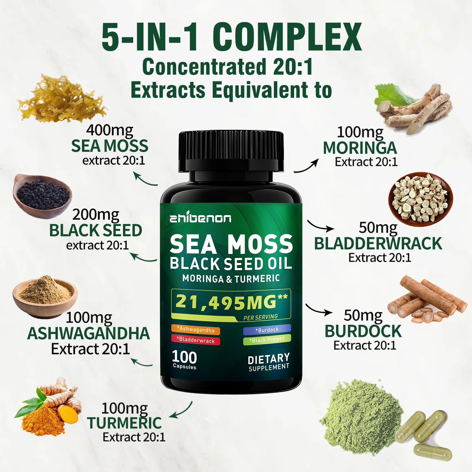 Zhibenon Sea Moss Capsules with Bladderwrack & Burdock - 50 Day Supply - Powerful Formula with Black Seed Oil, Ashwagandha, Turmeric, Vitamin C, Vitamin D3, Moringa & Black Pepper Extract Zhibenon uk supplements