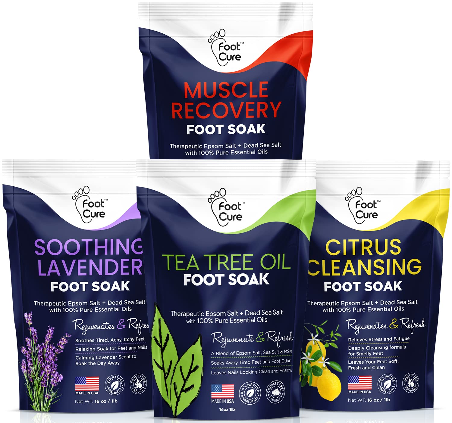 Foot Soak with Epsom Salts- Variety Pack of 4- Tea Tree Oil, Muscle Relief, Calming FOOT CURE uk supplements