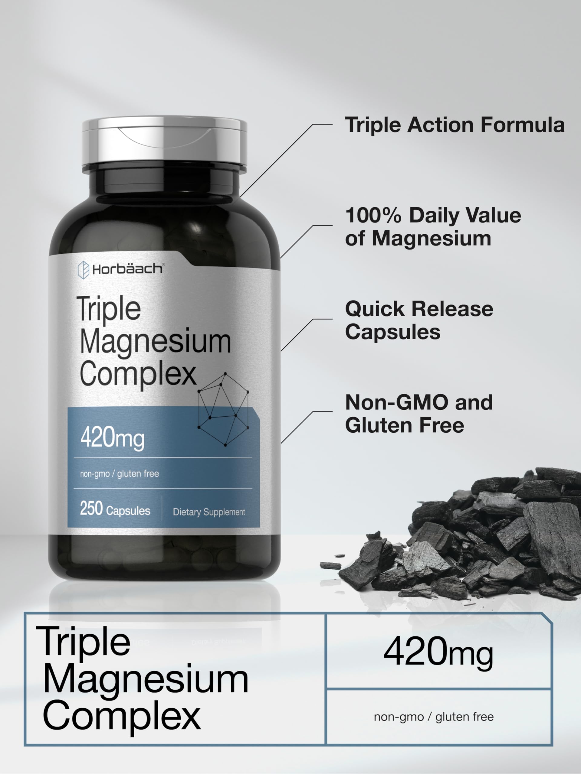 Horbäach Triple Magnesium Complex | 420 mg | 250 Capsules | Non-GMO and Gluten Free Formula | Magnesium Oxide, Citrate, and Aspartate Dietary Supplement Horbäach uk supplements