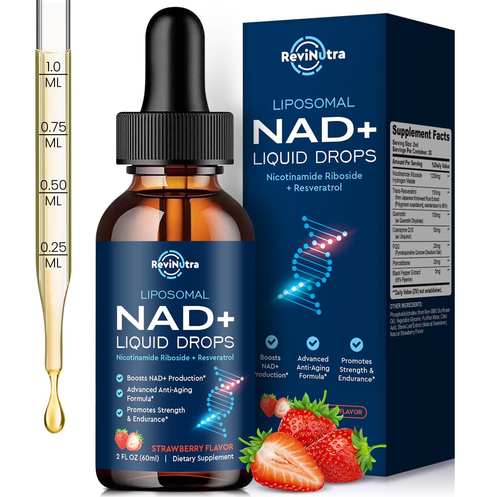 Liposomal NAD+ Liquid Supplement, Nad Resveratrol Supplement for Women & Men, Nicotinamide Riboside with PQQ, CoQ10, Quercetin for Anti-Aging, Brain, Cellular Energy Health, Strawberry Flavor, 2 Fl Oz ReviNutra uk supplements
