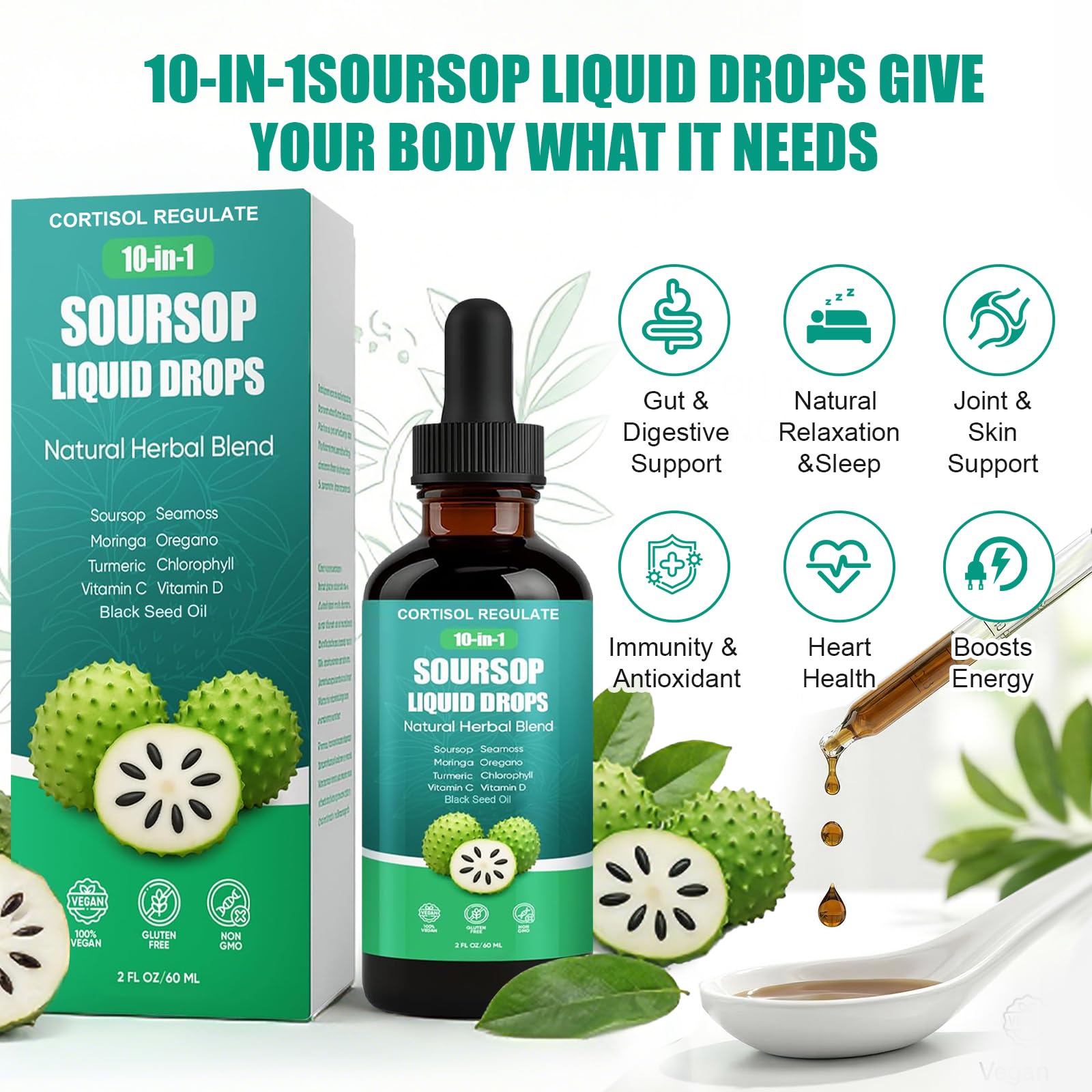 CORTISOL REGULATE Soursop Liquid Drops, 10-in-1 Blend with Sea Moss, Moringa, Turmeric, Black Seed Oil, Oregano, and More, 2 fl oz (1 Pack) CORTISOL REGULATE uk supplements