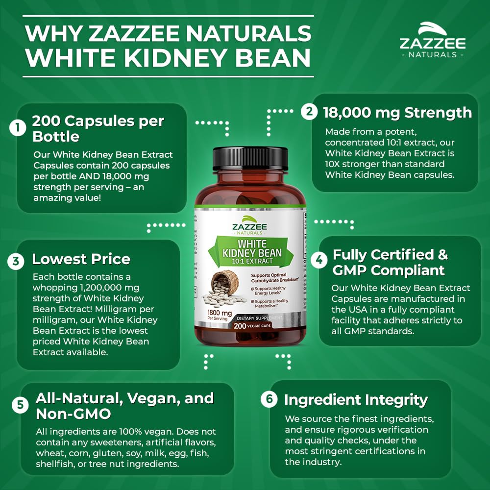 Zazzee White Kidney Bean 10:1 Extract, 18,000 mg Strength, 200 Vegan Capsules, Over 2 Month Supply Zazzee uk supplements