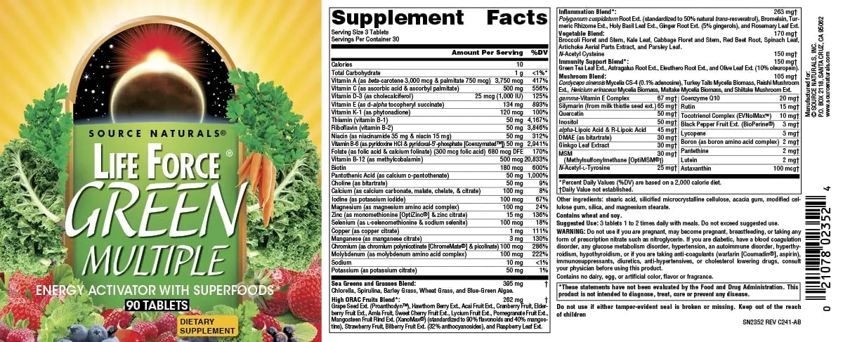 Source Naturals Life Force Green Multiple, Energy Activator with Superfoods* - 90 Tablets Source Naturals uk supplements