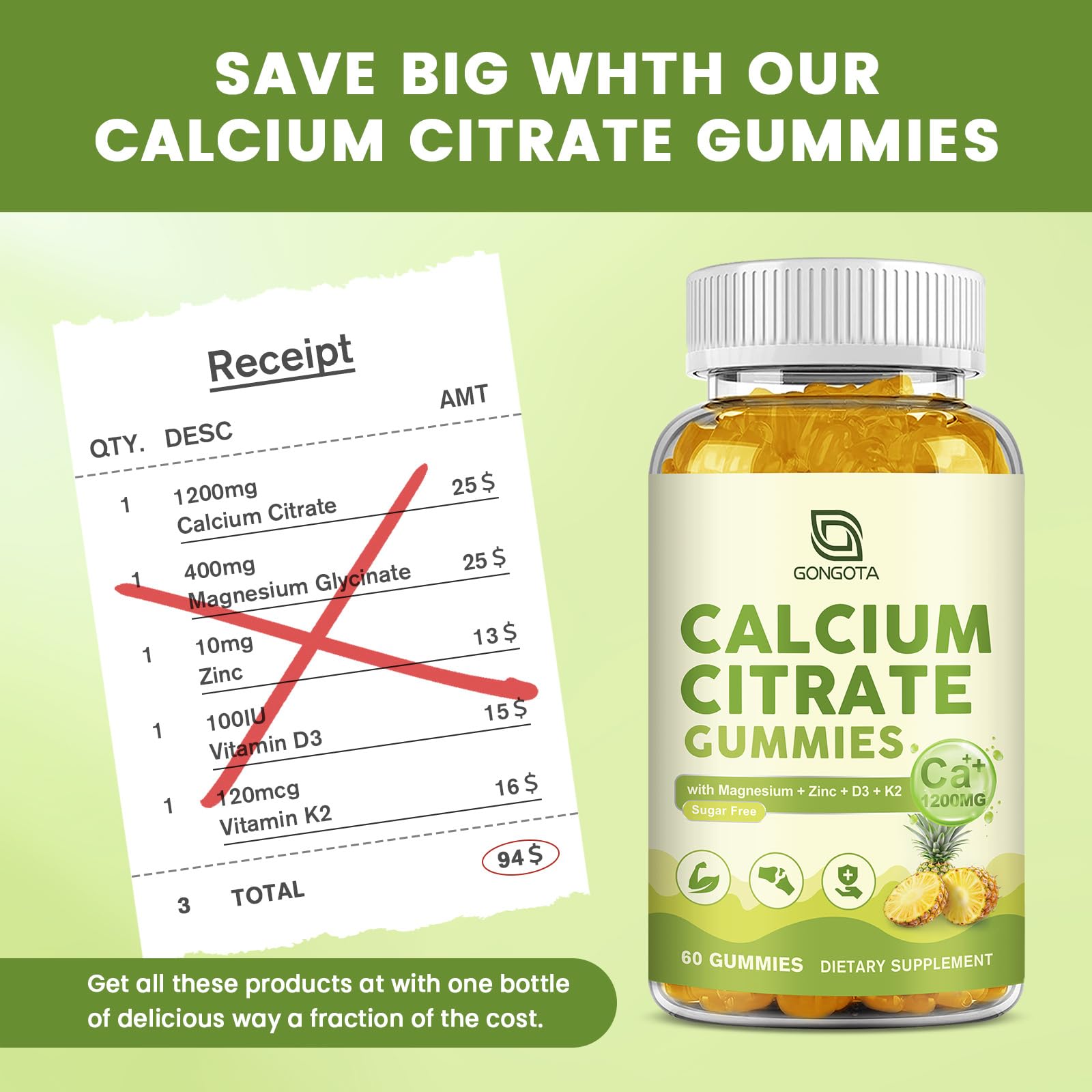 Calcium Citrate Gummies for Women, 1200mg Calcium Citrate Magnesium with Vitamin C D3 K2, Absorption Calcium Supplements for Bone, Muscle, Immune, Sugar Free (120Count) GONGOTA uk supplements
