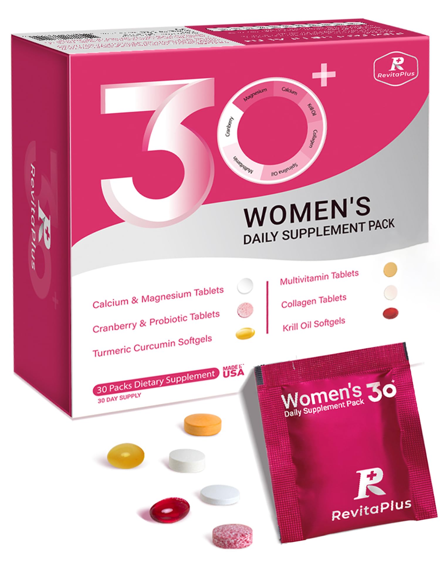 RevitaPlus Multivitamin for Women with Vitamin A,B,C,D3,E,K2,Biotin, Collagen,Krill Oil,Cranberries Supports Energy,Wellness,Beauty and Immune - Vitamin Packs for Women Health 30 Packs RevitaPlus uk supplements