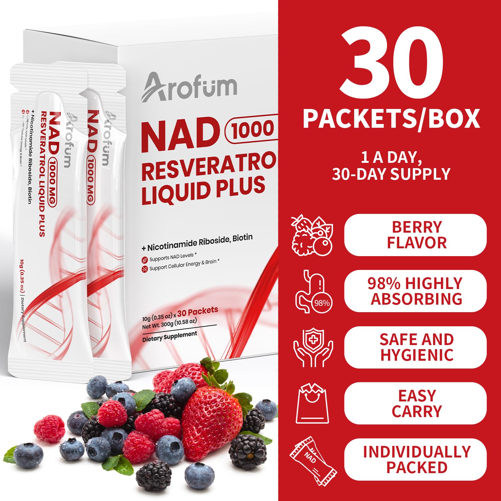 Arofum NAD+ Liquid Supplement 1000mg | 850mg Nicotinamide Riboside with Resveratrol, Quercetin, CoQ10 & Biotin | Cellular Energy, DNA Repair, Healthy Aging | NAD Supplements for Women & Men 30 Packets Arofum uk supplements