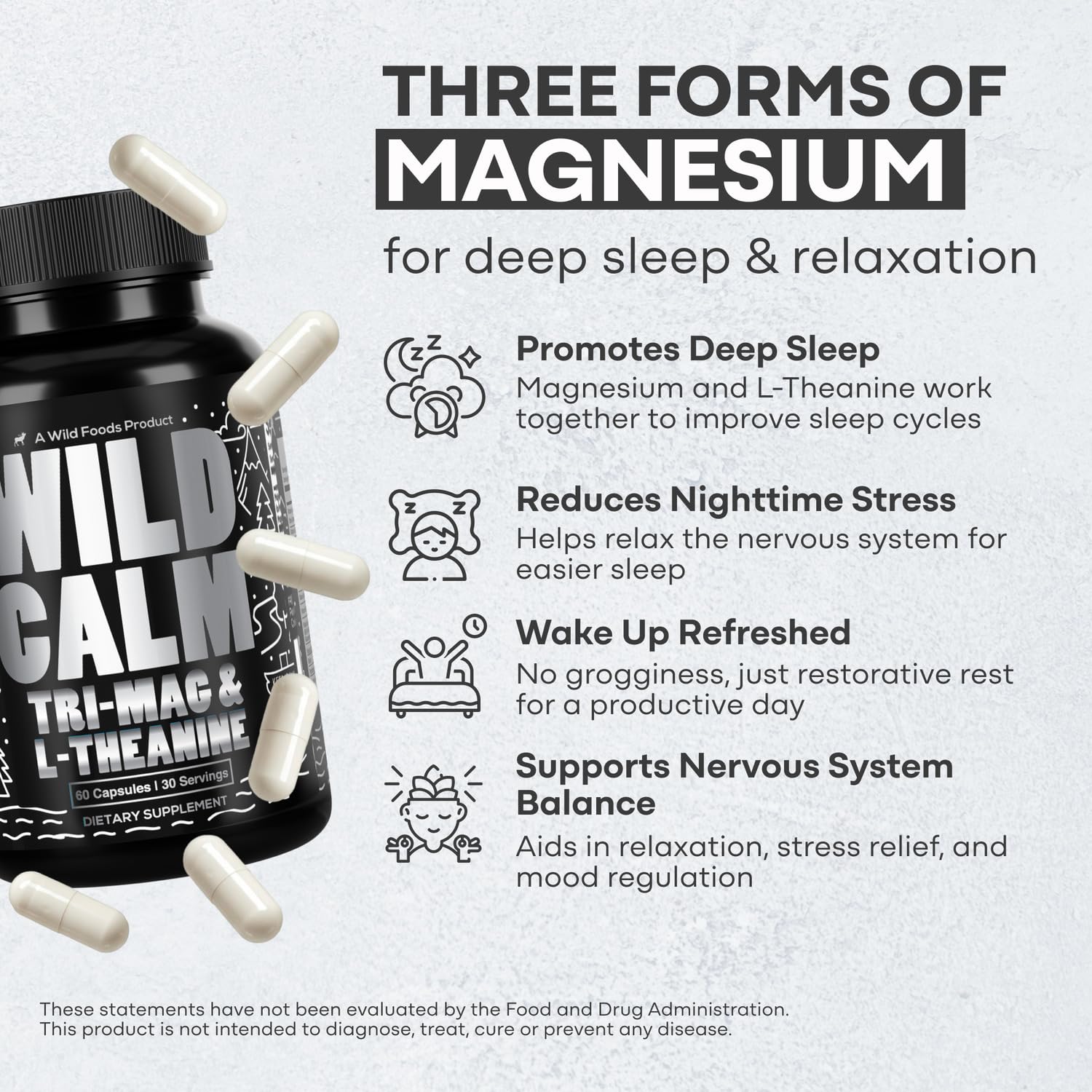 Wild Foods Tri-Mag & L-Theanine – Triple Magnesium Complex for Sleep w/L Theanine – Magnesium Glycinate, Malate, Taurate – 100% Natural – 60 Capsules Wild Foods uk supplements