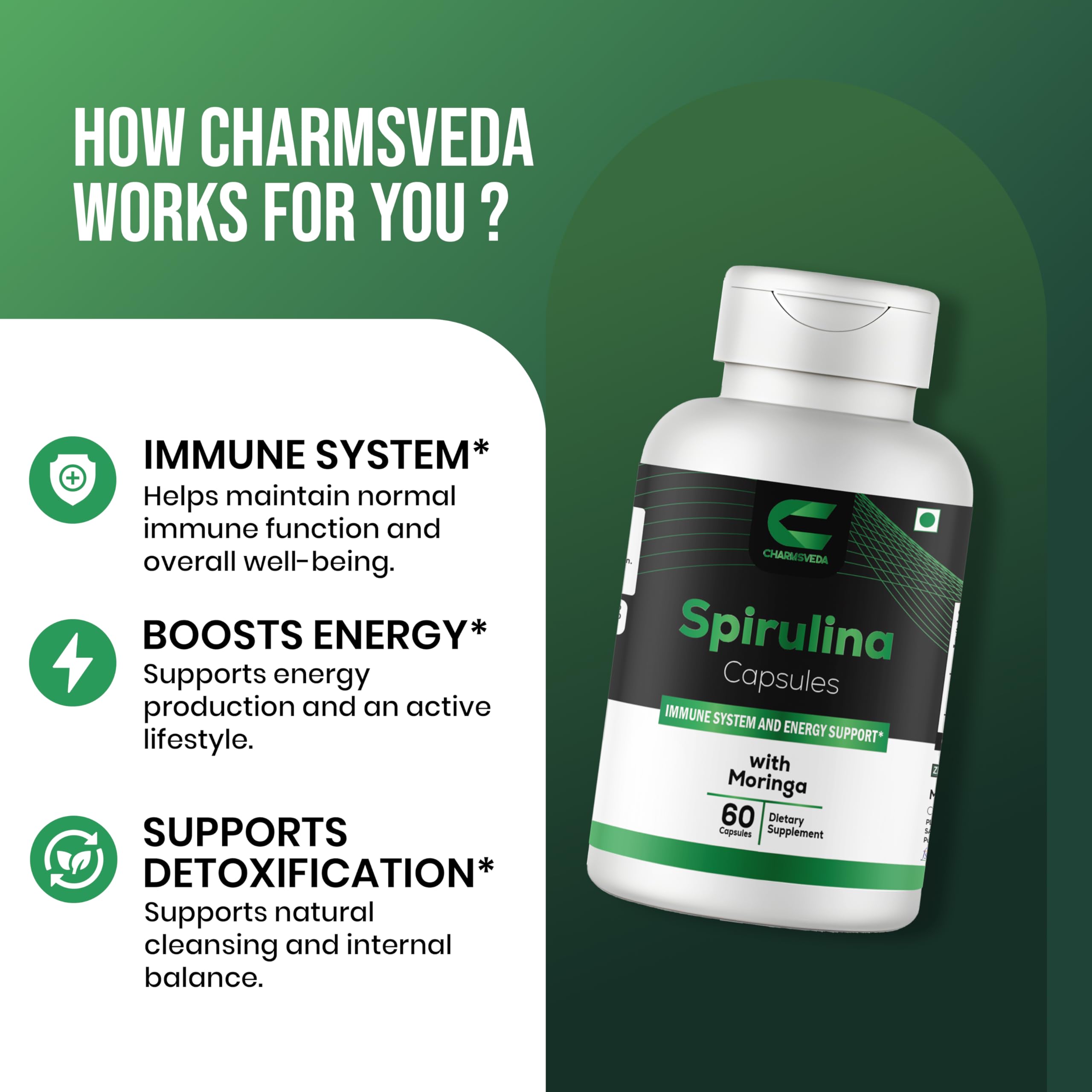 CHARMSVEDA Spirulina Capsules with Moringa – Herbal Immune Support* – 60 Vegan Capsules CHARMSVEDA uk supplements