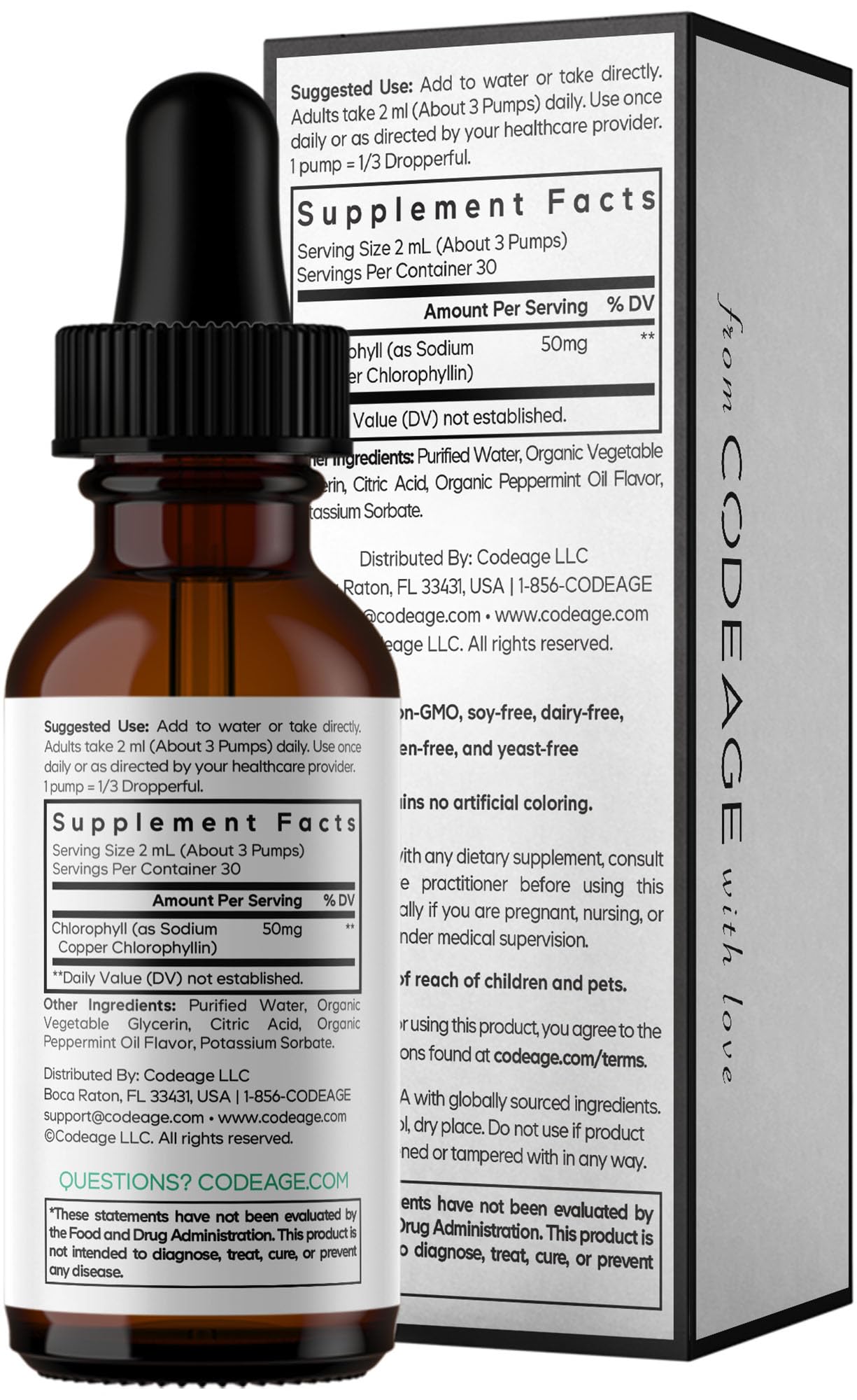 Codeage Chlorophyll Liquid Drops Supplement - Vegan Chlorophyll 50 mg per Serving, Organic Peppermint Flavor Clorofila Drink - Non-GMO, Gluten-Free, Vegan - 2 fl oz Codeage uk supplements