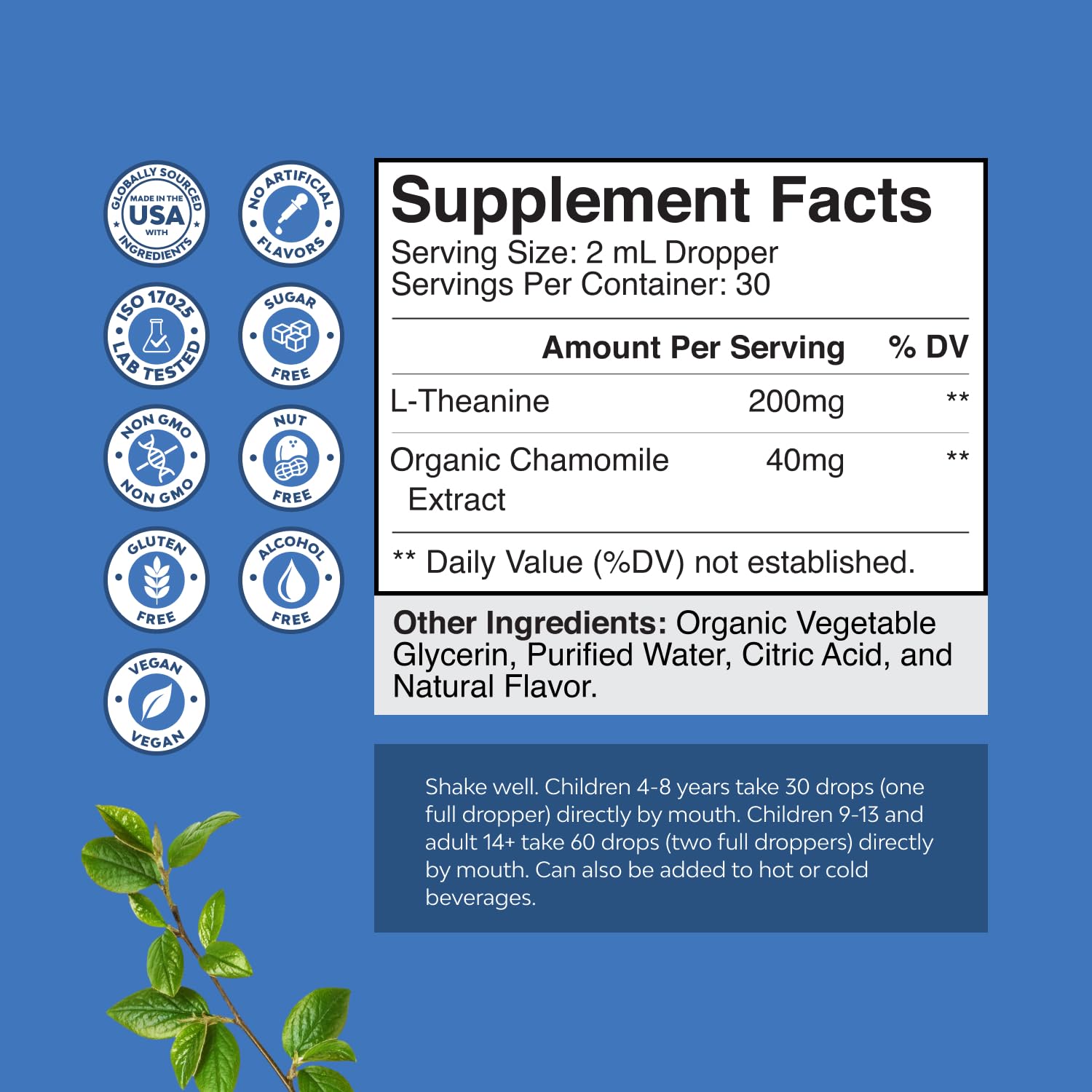 High Absorption L-Theanine Liquid Drops - Nootropic Focus Supplement with L Theanine 200mg Per Serving and Chamomile Extract Supplement for Adults and Kids Relaxation and Focus - 2 Fl Oz Natures Craft uk supplements