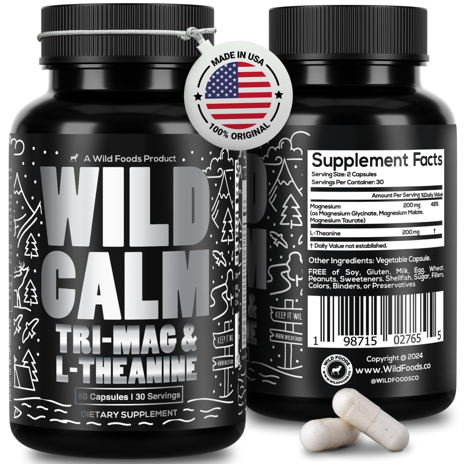 Wild Foods Tri-Mag & L-Theanine – Triple Magnesium Complex for Sleep w/L Theanine – Magnesium Glycinate, Malate, Taurate – 100% Natural – 60 Capsules Wild Foods uk supplements