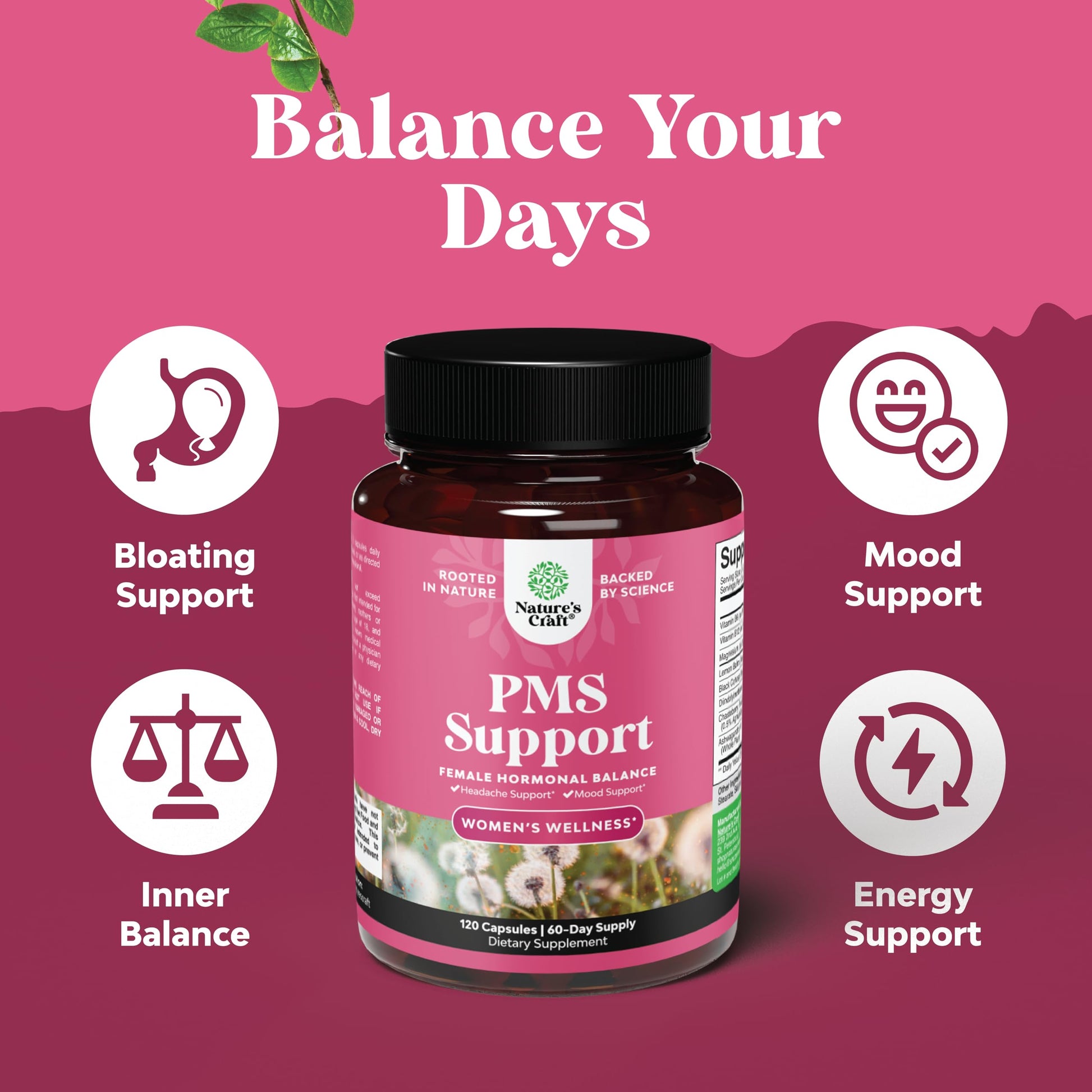 PMS Support Supplement for Women – Hormone Balance for Women & Menstrual Discomfort with DIM, Chasteberry, Black Cohosh & Ashwagandha - for Period Cramps Ease, Menopause Bloating, Mood Swing – 120 Ct Natures Craft uk supplements
