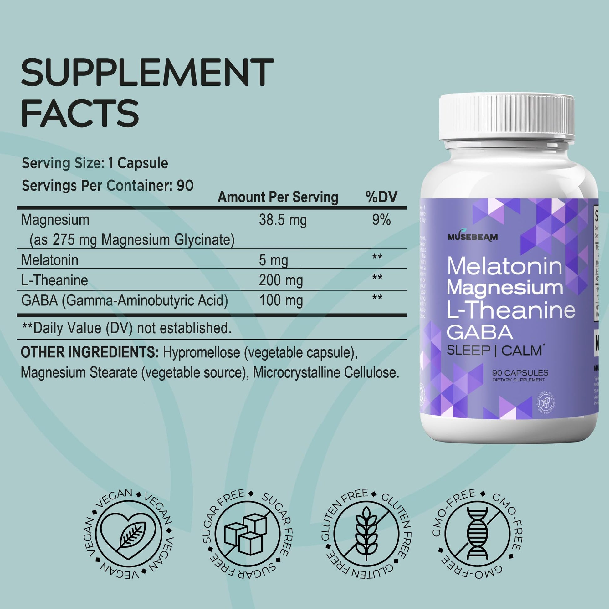 MuseBeam Magnesium Glycinate 275mg Melatonin 5mg L-Theanine 200mg GABA 100mg Capsules - Full Rest Nighttime Bedtime Support Supplement for Men Women - Vegan Sugar-Free Gluten-Free musebeam uk supplements