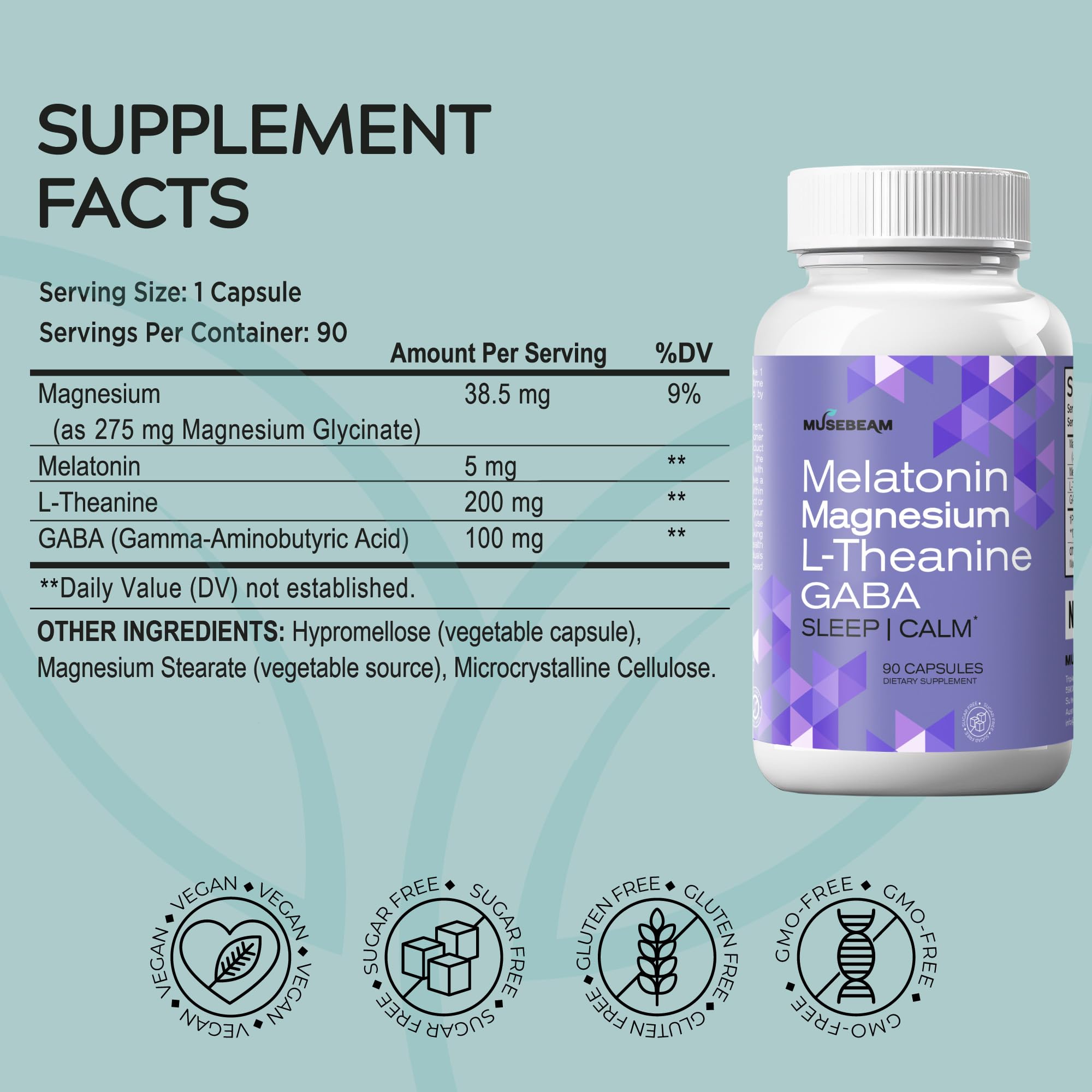 MuseBeam Magnesium Glycinate 275mg Melatonin 5mg L-Theanine 200mg GABA 100mg Capsules - Full Rest Nighttime Bedtime Support Supplement for Men Women - Vegan Sugar-Free Gluten-Free musebeam uk supplements